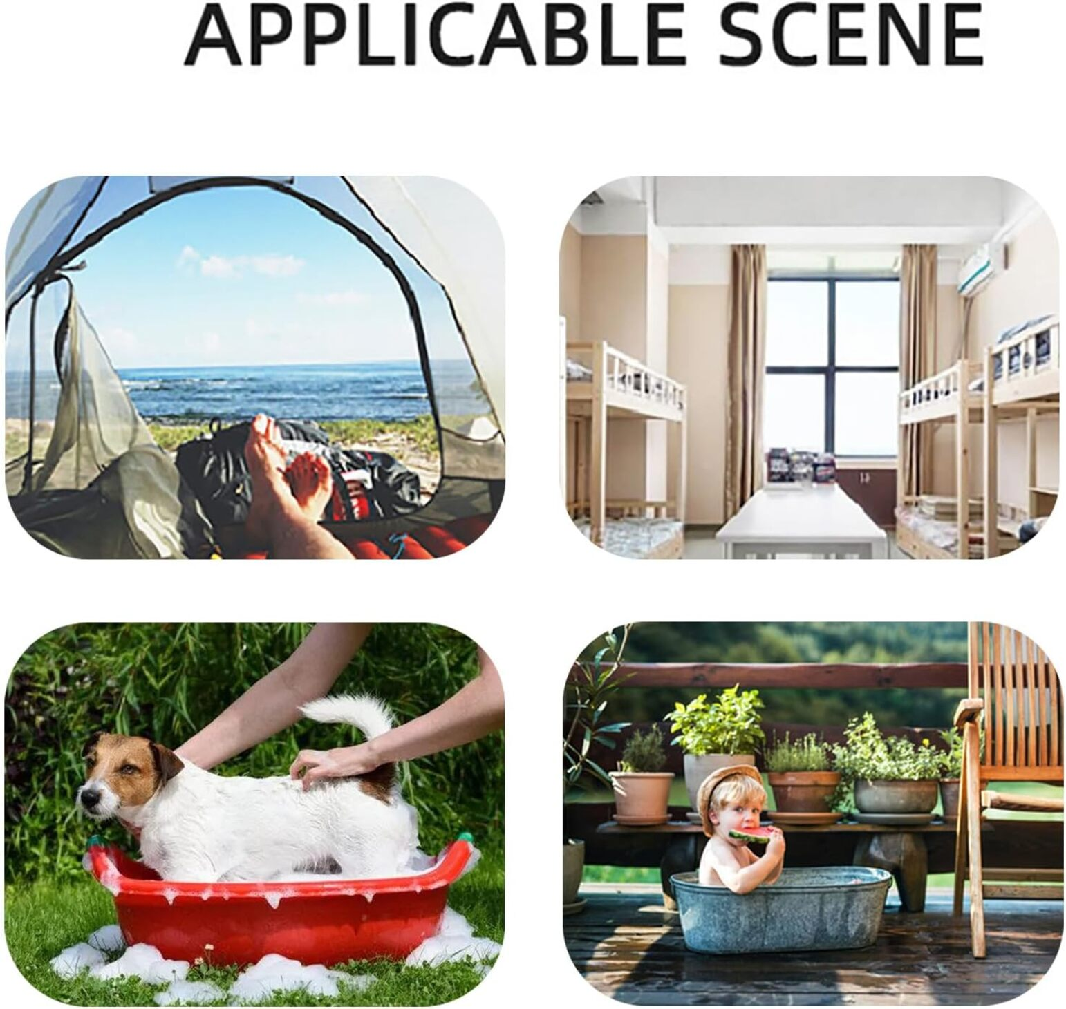 Cuatro escenas: acampada, dormitorio, baño para perros y niño en bañera.