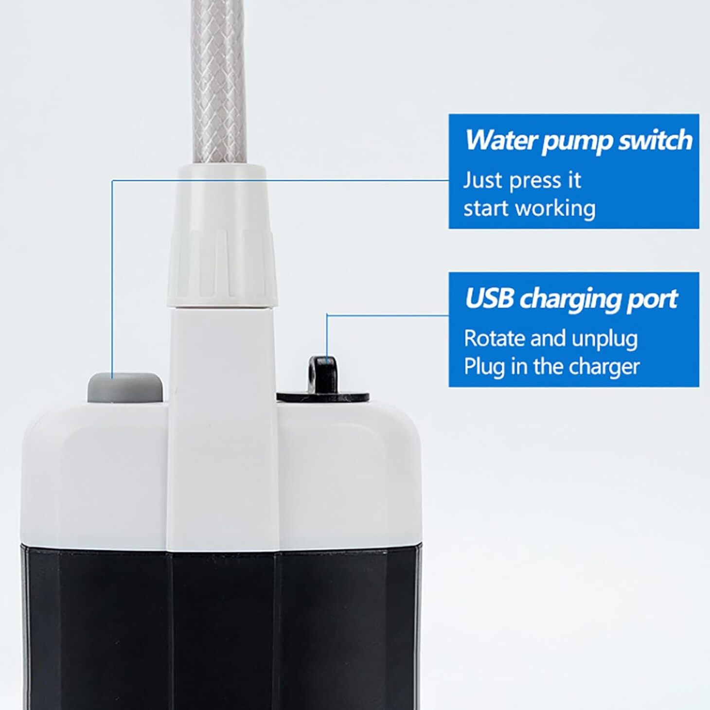 Bomba de agua portátil blanca y negra. Puerto de carga USB e interruptor de bomba de agua etiquetados.