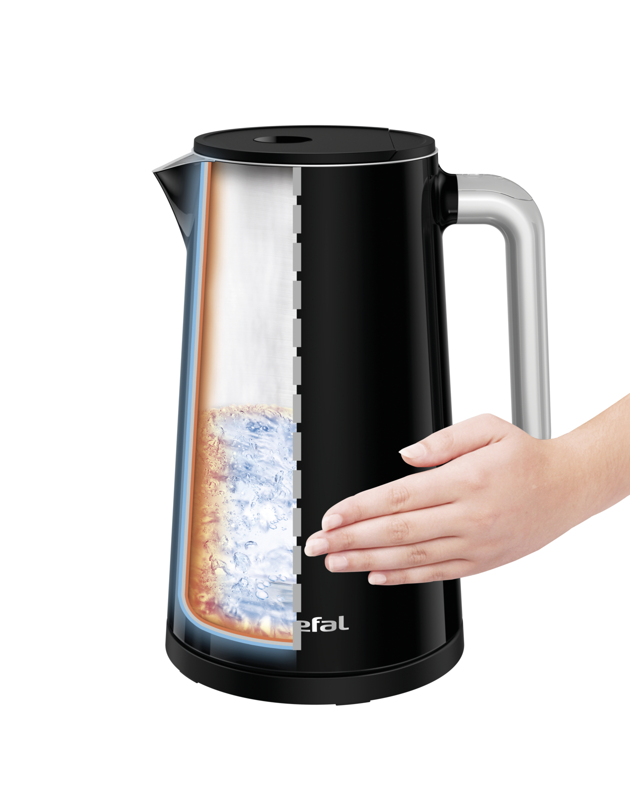 Czarny i srebrny czajnik z przekrojem pokazującym wodę i elementy grzejne.