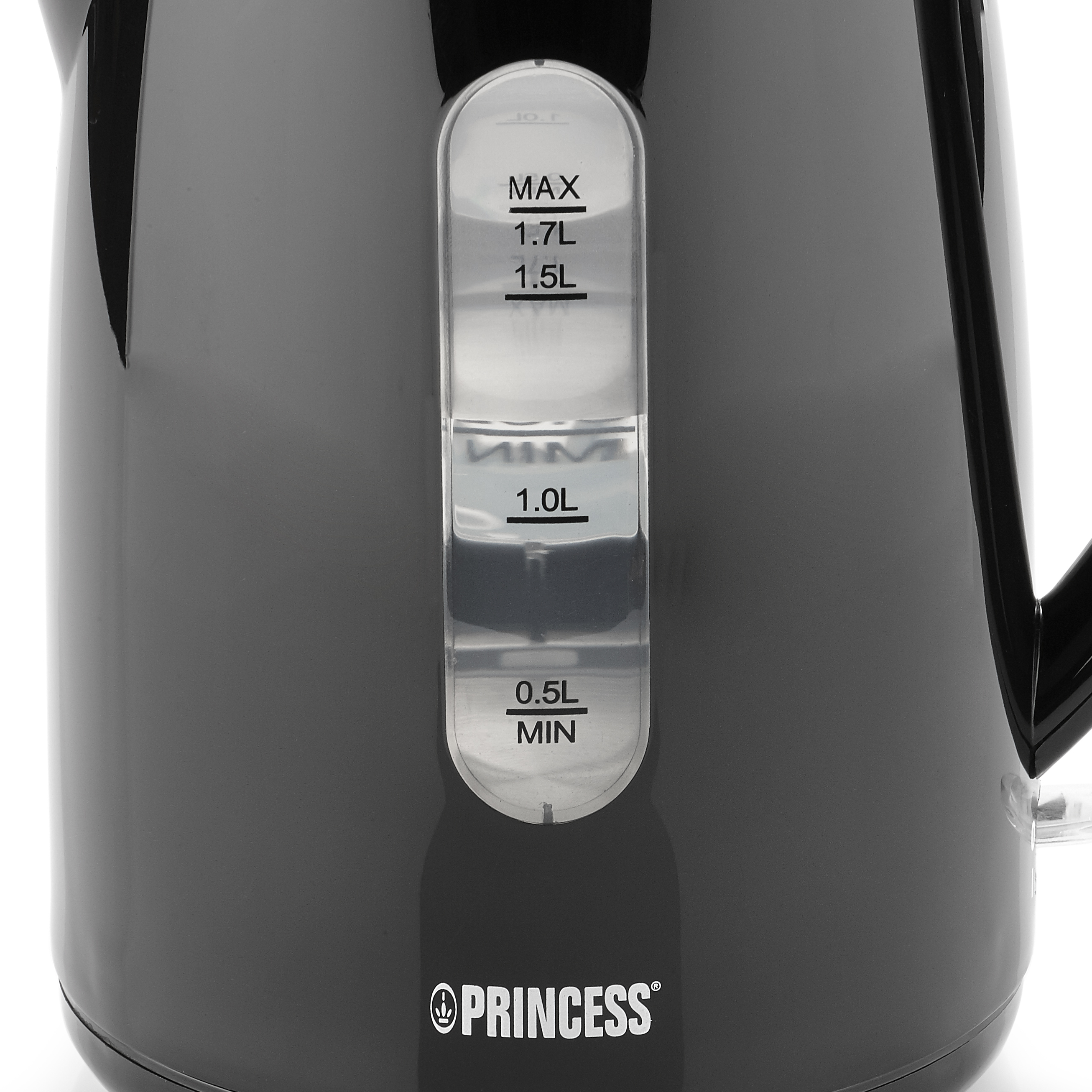 Hervidor eléctrico negro con indicador de nivel de agua. Muestra 0,5L, 1,0L, 1,5L y 1,7L.