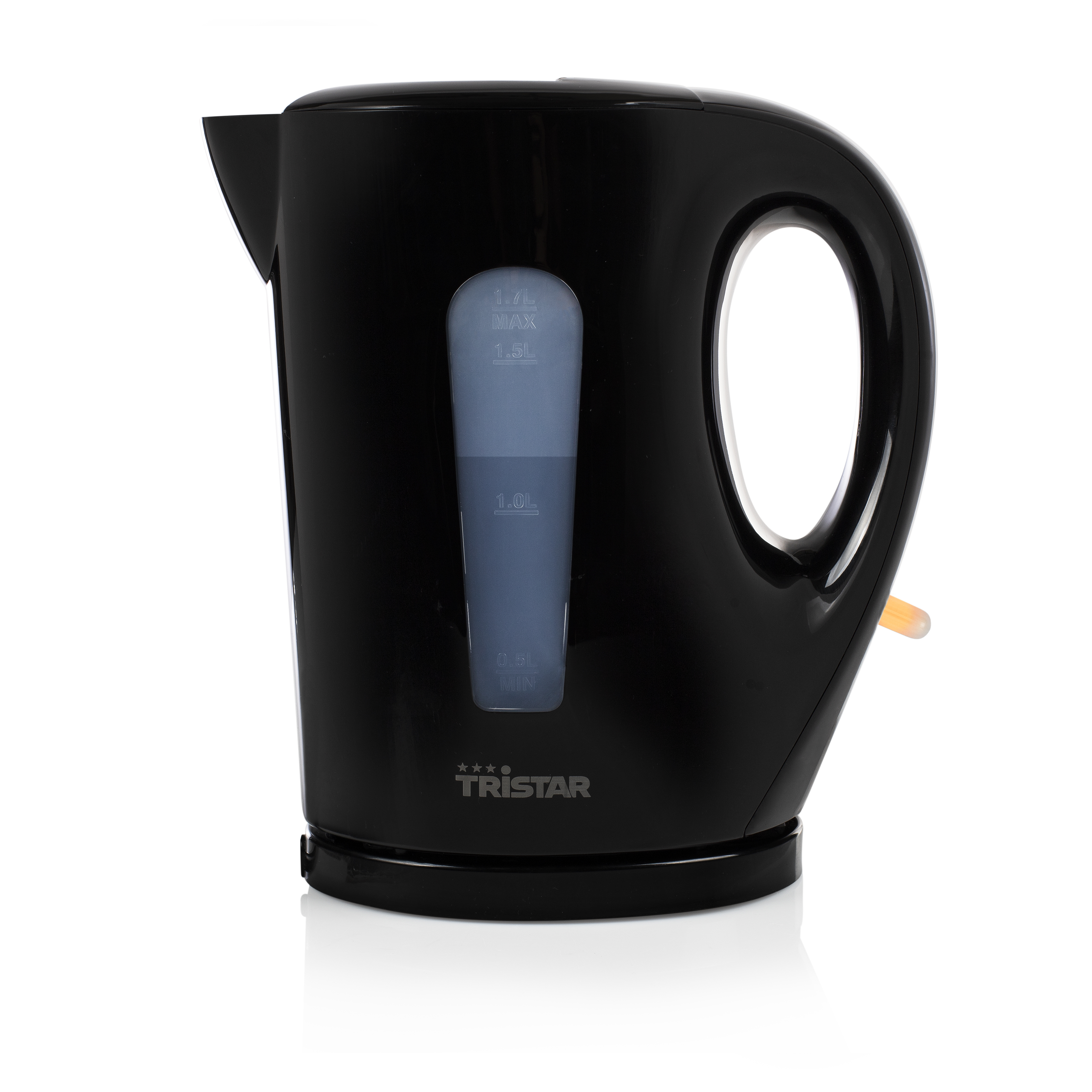 Czarny czajnik elektryczny ze wskaźnikiem poziomu wody. Na białym tle.