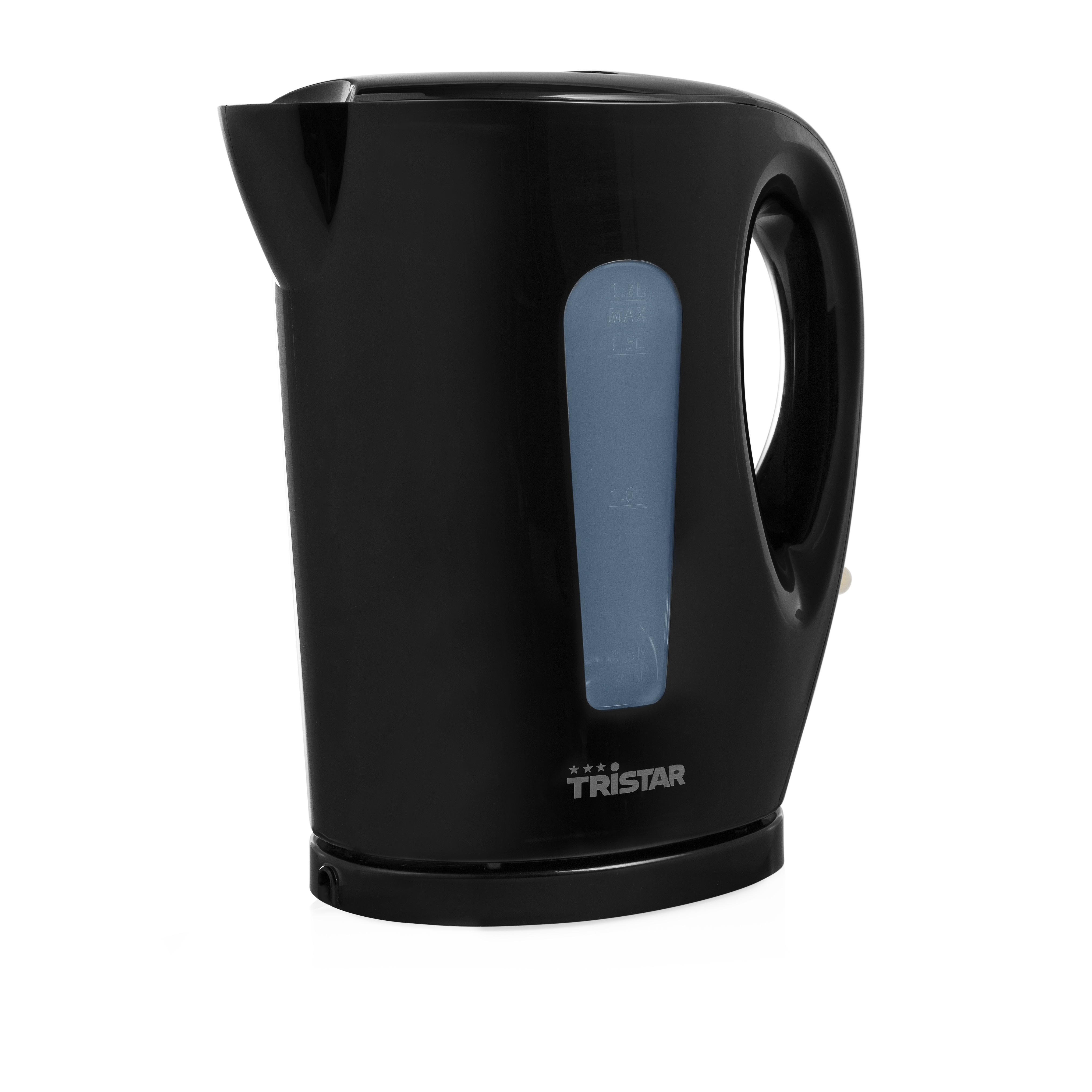 Czarny czajnik elektryczny ze wskaźnikiem poziomu wody.