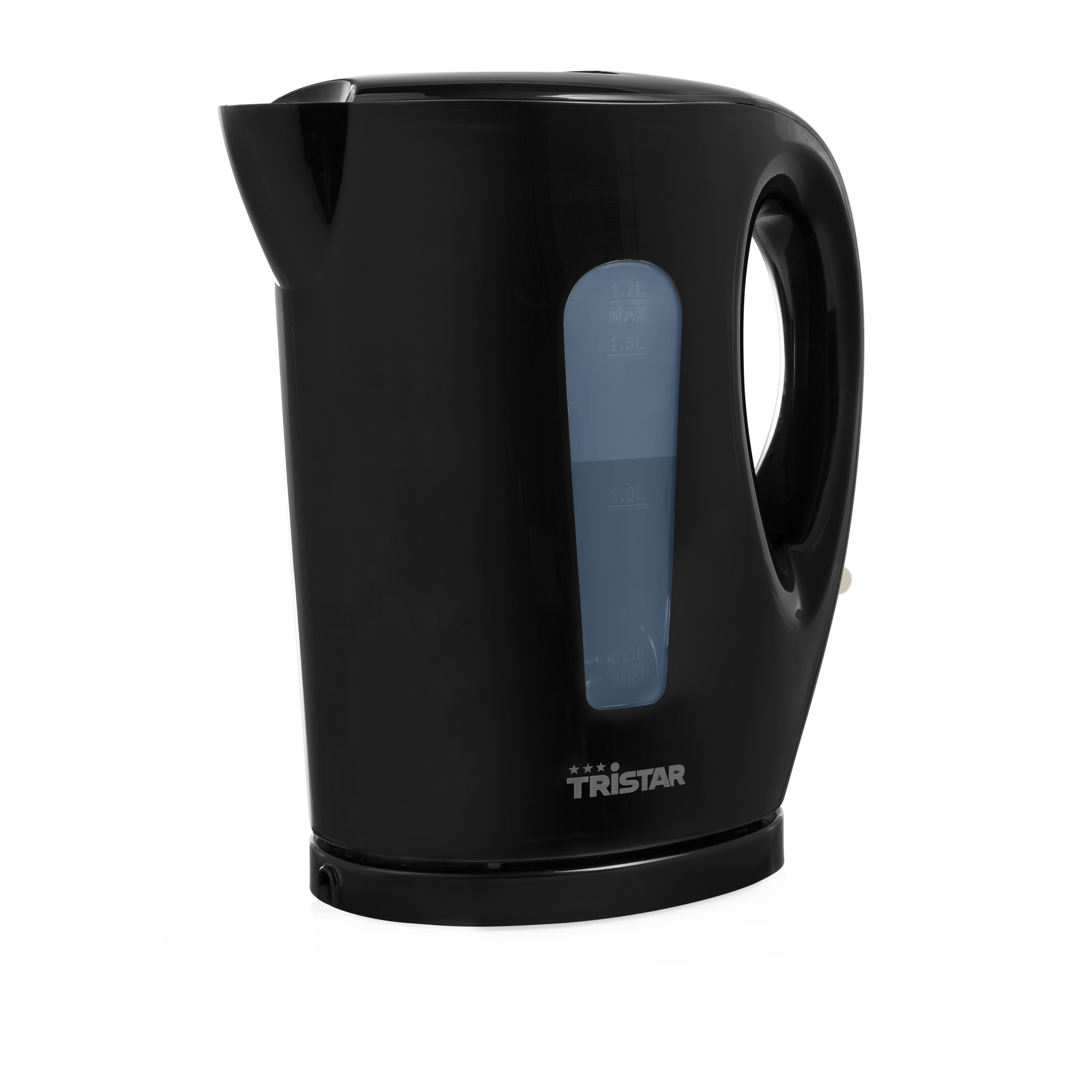 Czarny czajnik elektryczny ze wskaźnikiem poziomu wody, na białym tle.