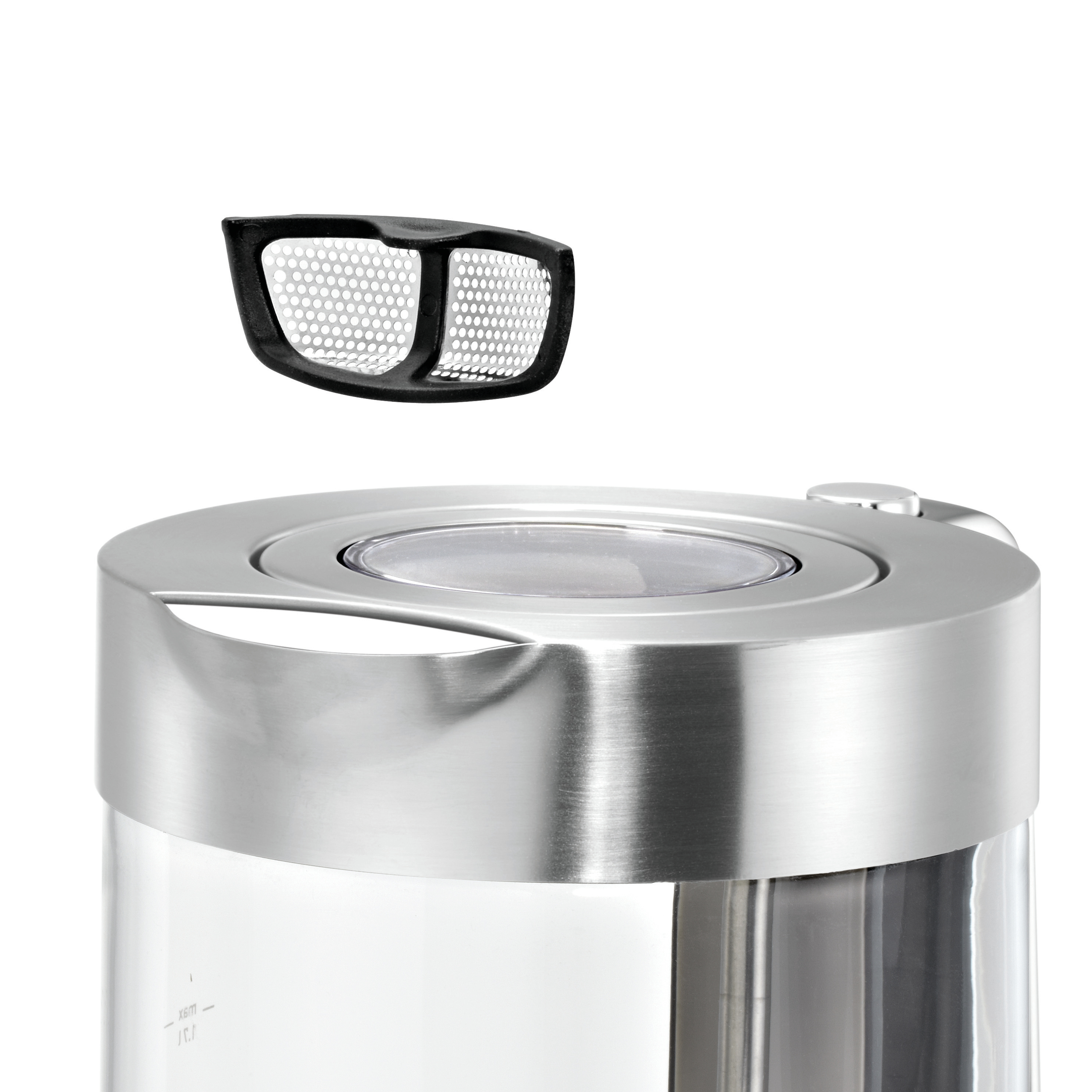 Czajnik ze stali nierdzewnej z czarnym filtrem odłączonym nad nim.