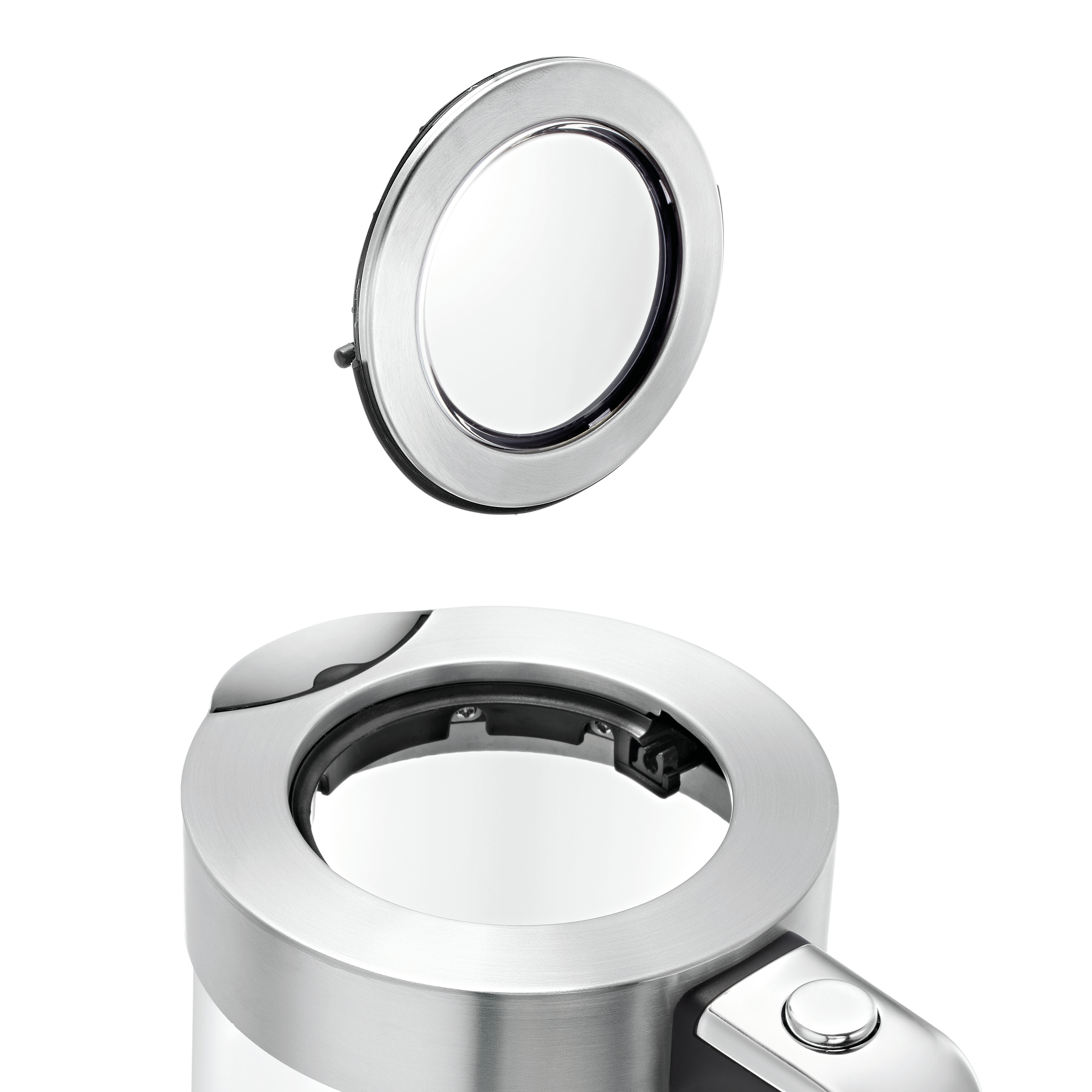 Czajnik ze stali nierdzewnej z otwartą pokrywą, pokazujący wnętrze czajnika.