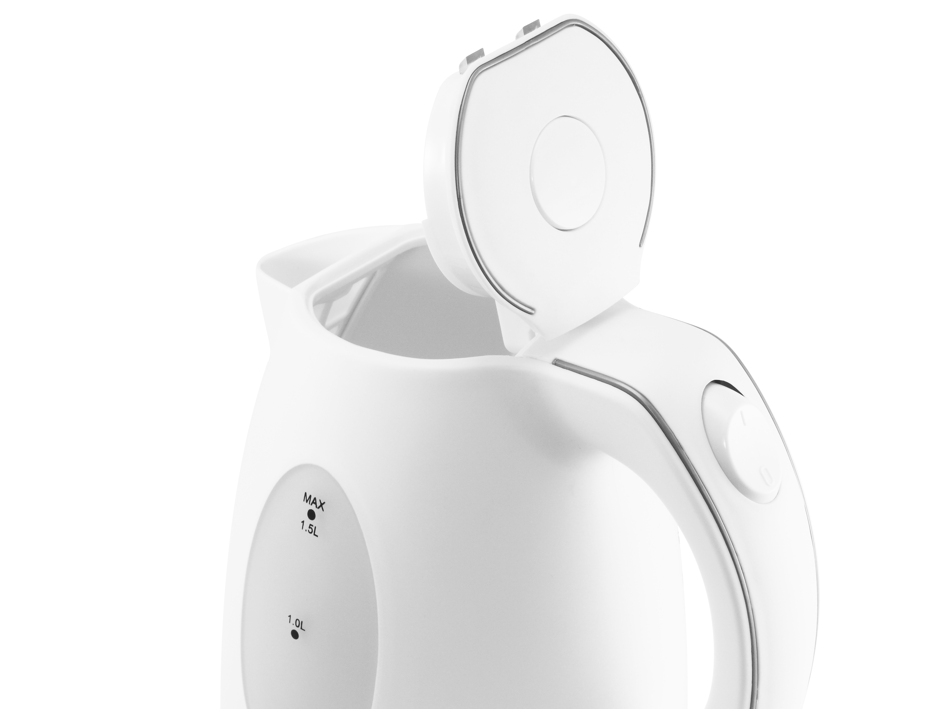 Biały czajnik elektryczny, otwarty od góry. Czajnik ma uchwyt, wskaźnik poziomu wody i białe tło.
