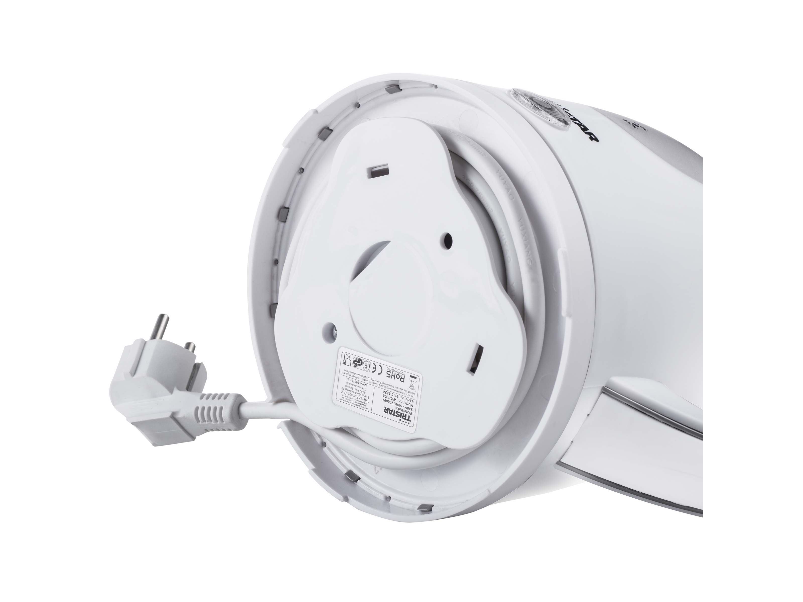 Biała podstawa czajnika elektrycznego z kablem i wtyczką, widok od dołu.