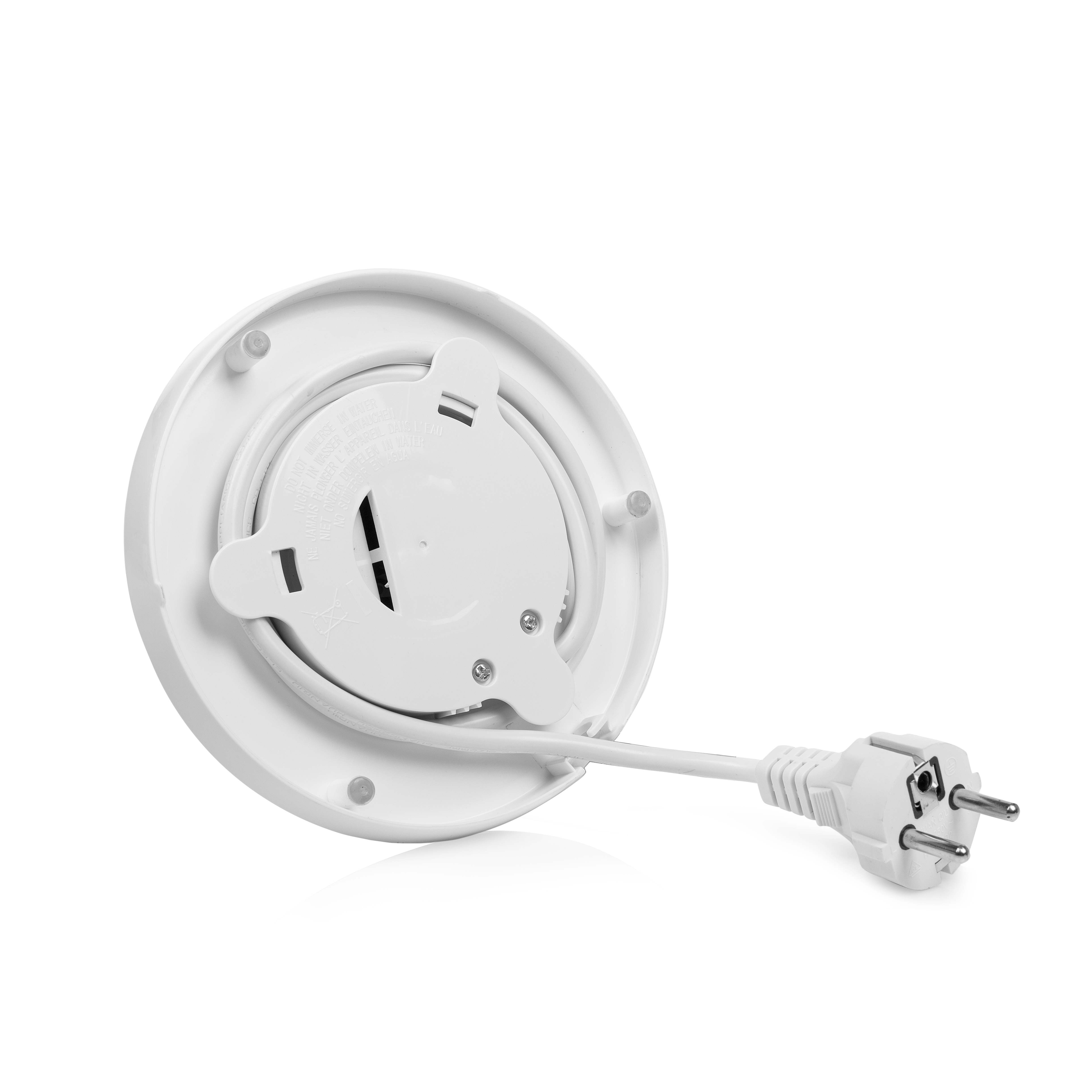 Biała podstawa czajnika elektrycznego, widok od spodu. Przewód zasilający i wtyczka wychodzą z podstawy.