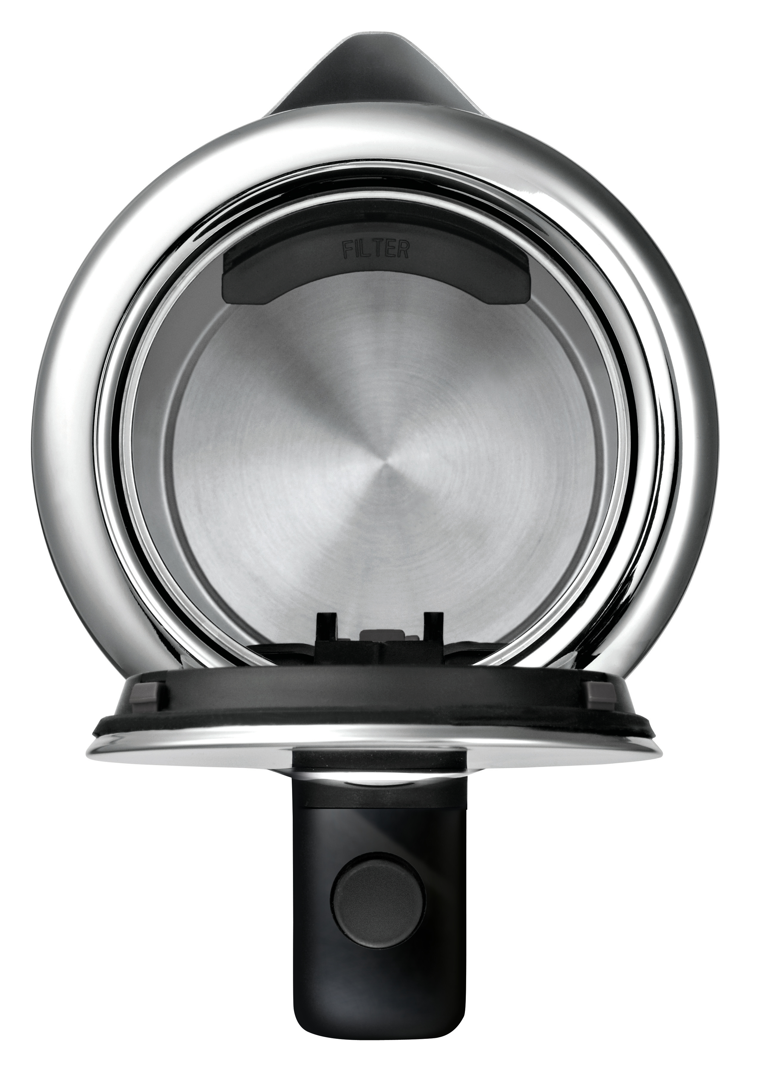 Vista interna di un bollitore cromato. Presenta un filtro e una maniglia nera con un pulsante.