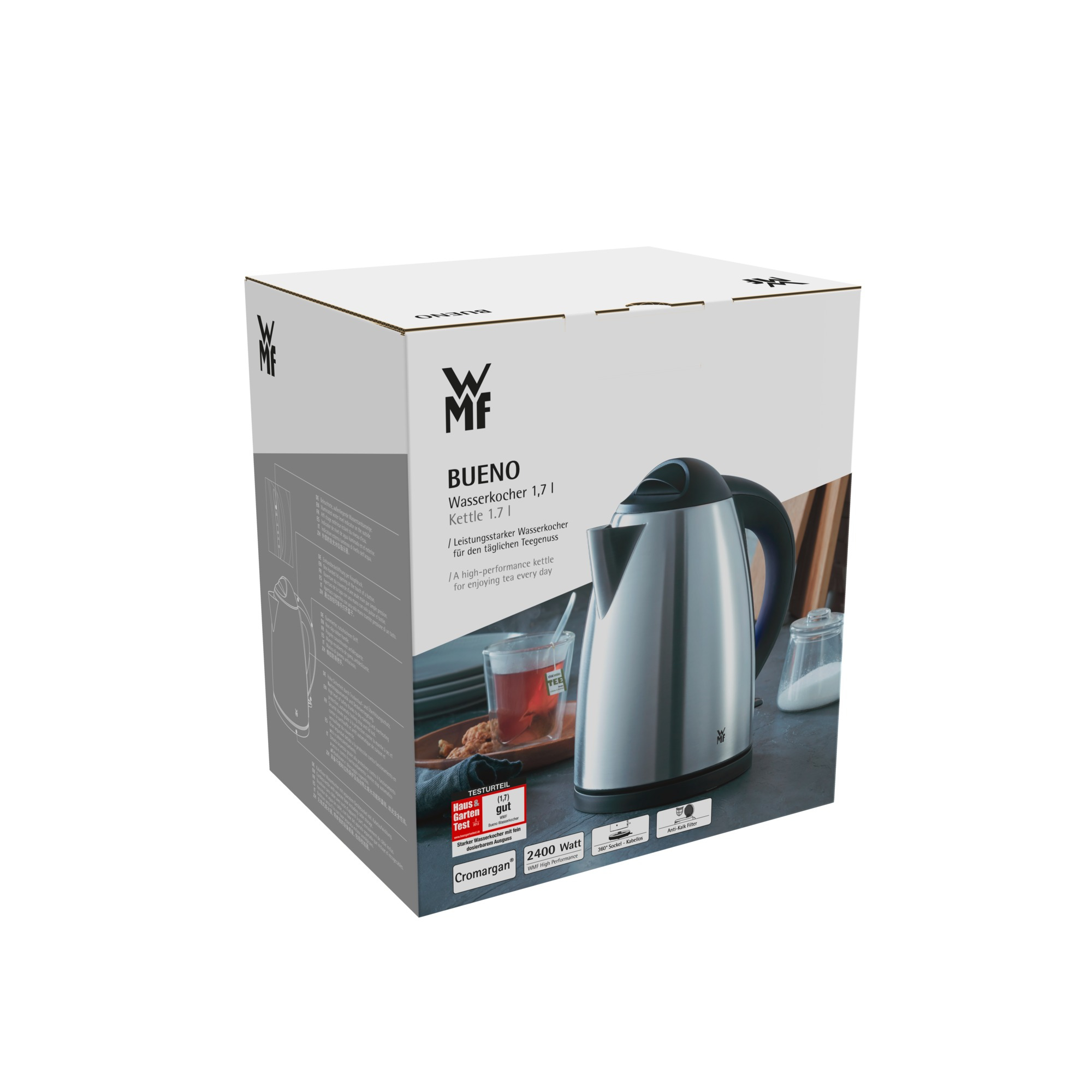 Verpackter Wasserkocher aus Edelstahl mit Text und Teebild auf weißem Untergrund.