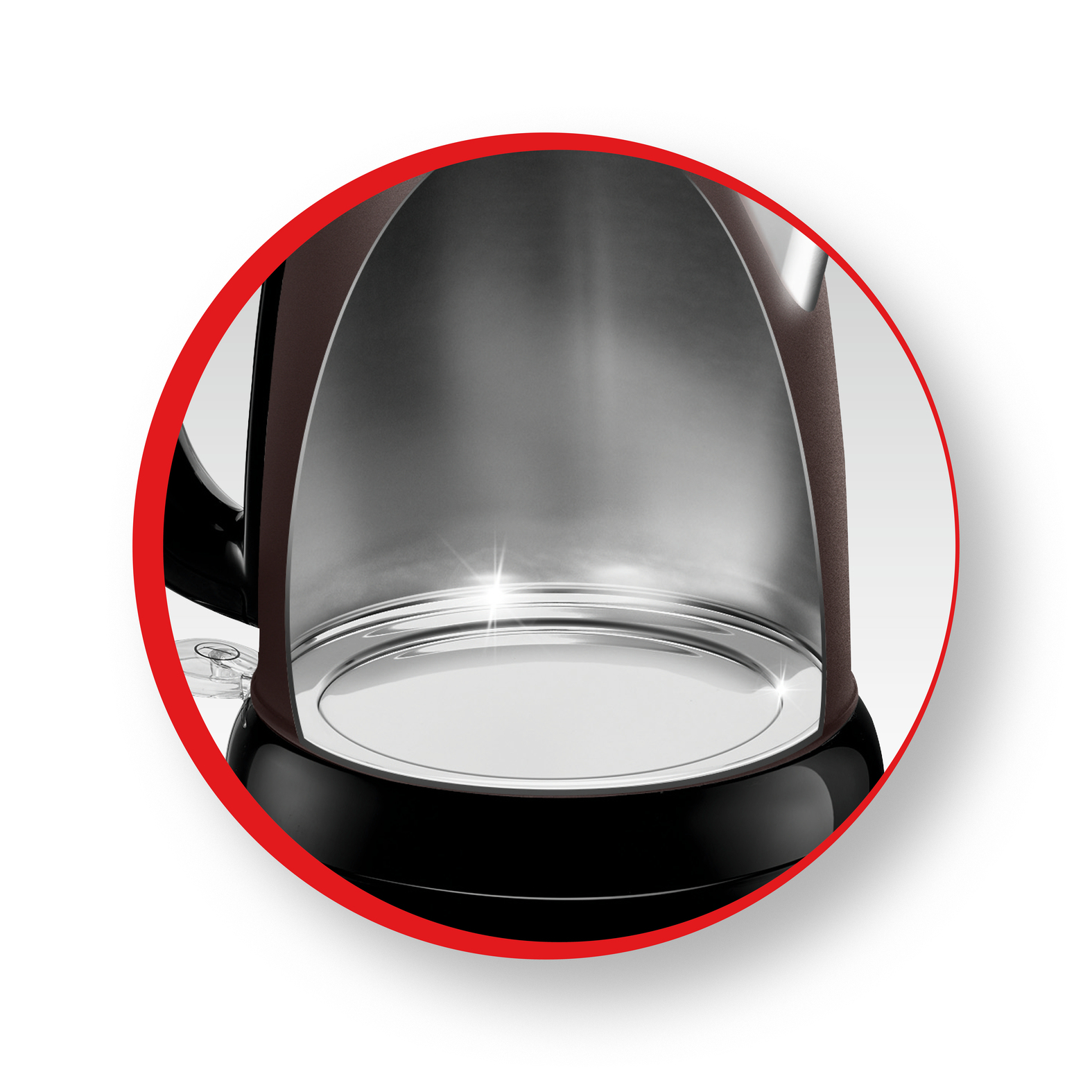 Przekrój czarnego i brązowego czajnika. Wnętrze jest srebrne, a czerwone koło obrysowuje czajnik.