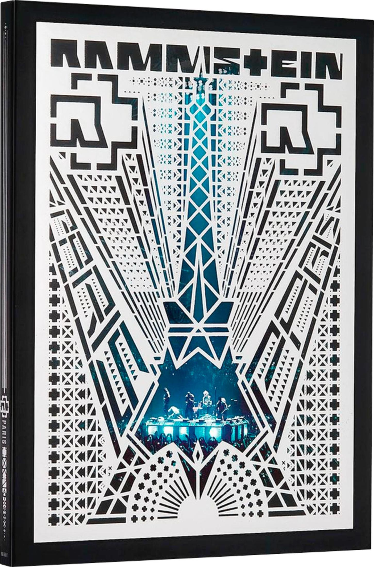 Rammstein Albumcover. Ein schwarz-weißes geometrisches Design mit dem Namen der Band und einer Bühne.