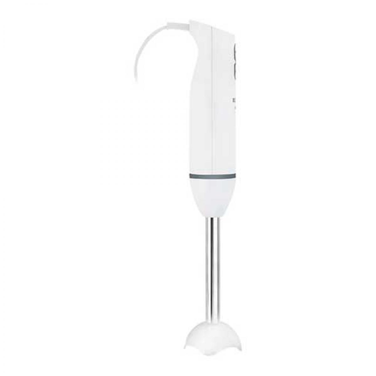 Frullatore a immersione bianco su sfondo bianco, con un cavo curvo.
