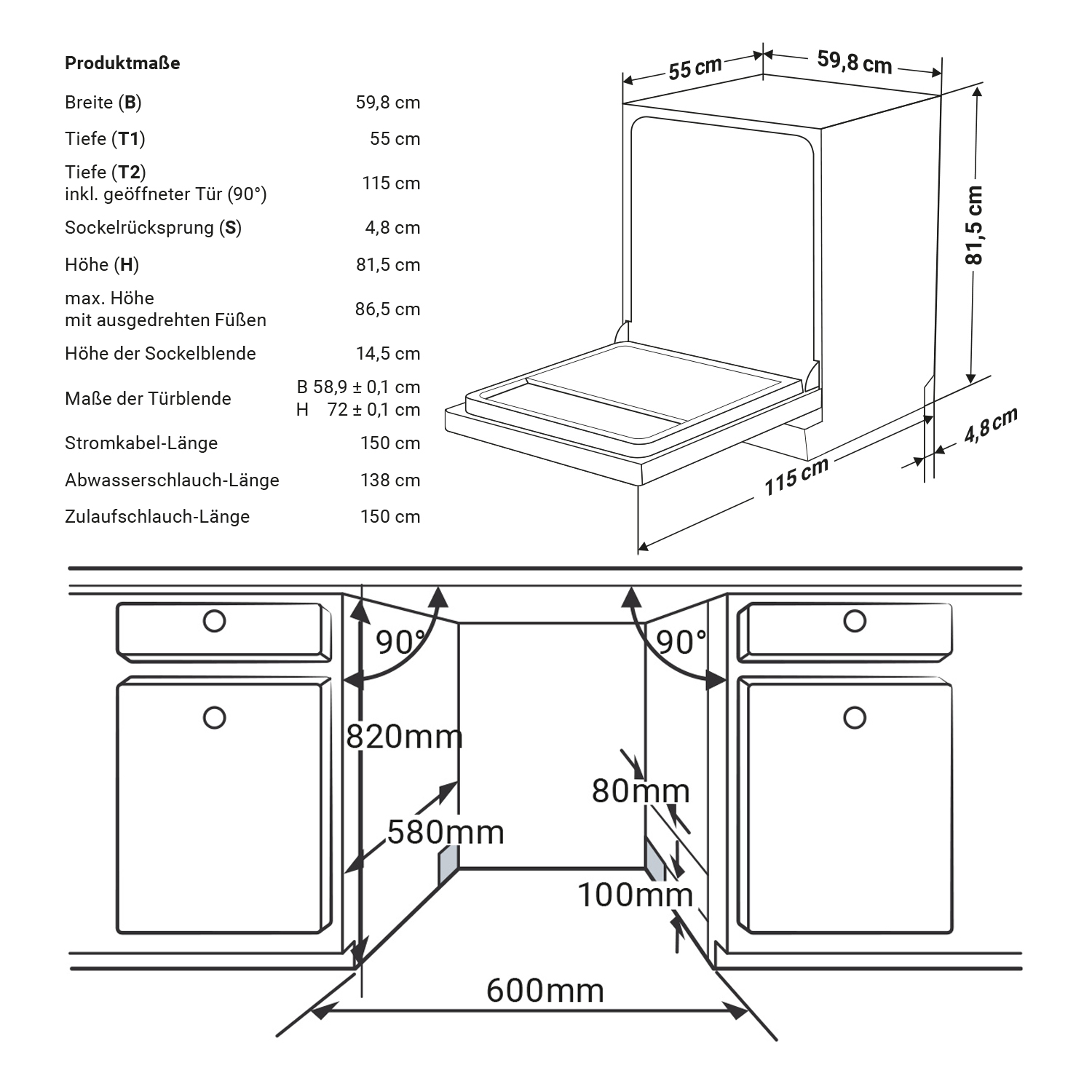 Eine Diagramm einer Spülmaschine mit Maßen und Installationsabmessungen.