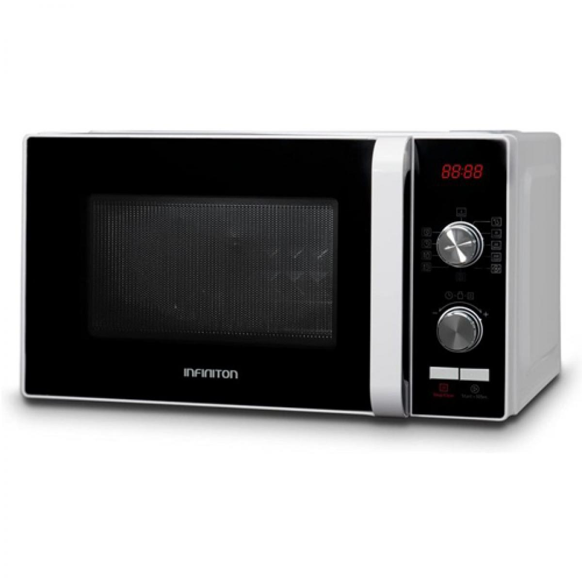 Horno microondas blanco y negro. La parte frontal tiene una puerta negra y un panel de control.