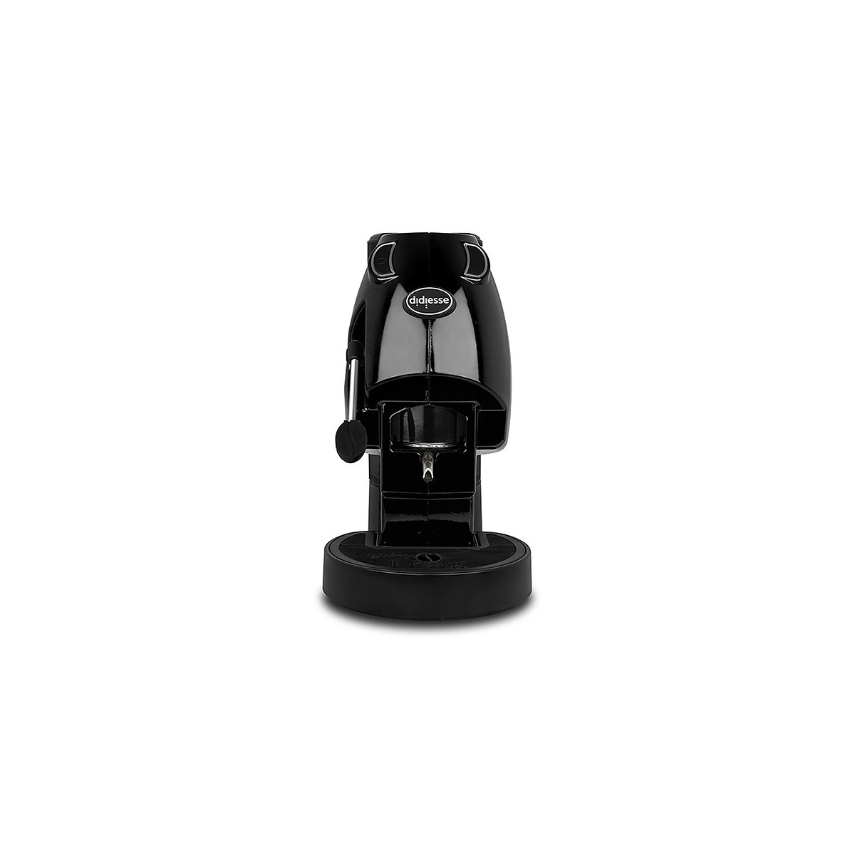 Una macchina da caffè nera con uno slot per cialde e un piccolo portabicchieri.