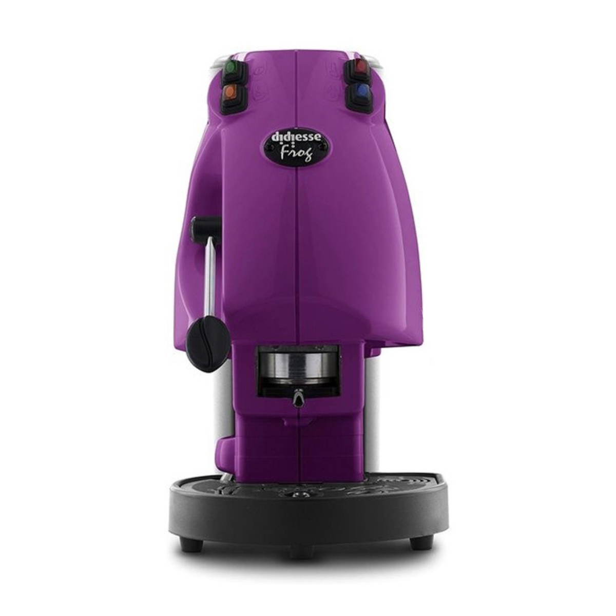 Paarse espressomachine met zwarte basis. Het merk is 'didiesse frog'.