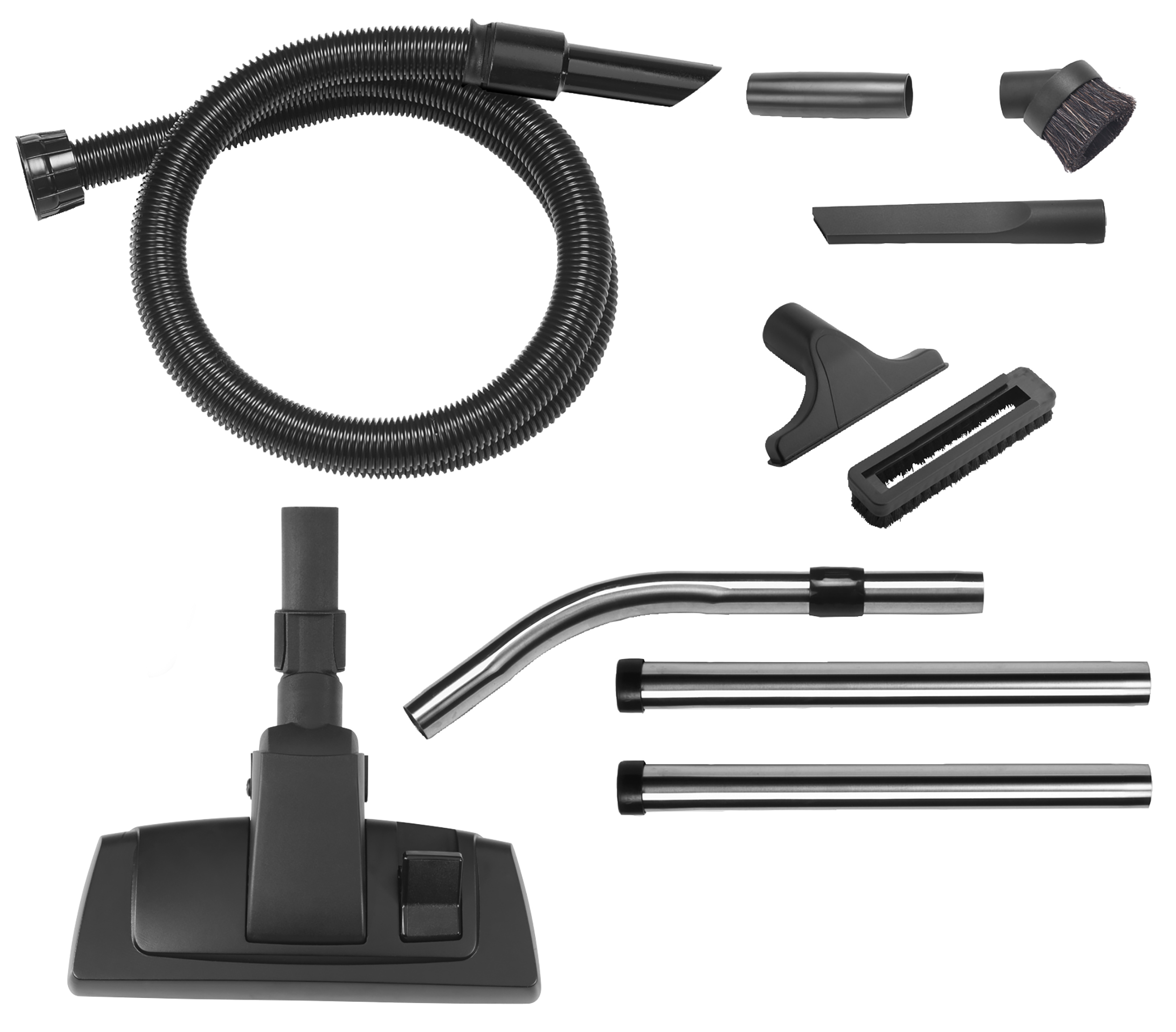 Vacuum cleaner parts on white background: hose, nozzles, and tubes. Various black attachments are shown.