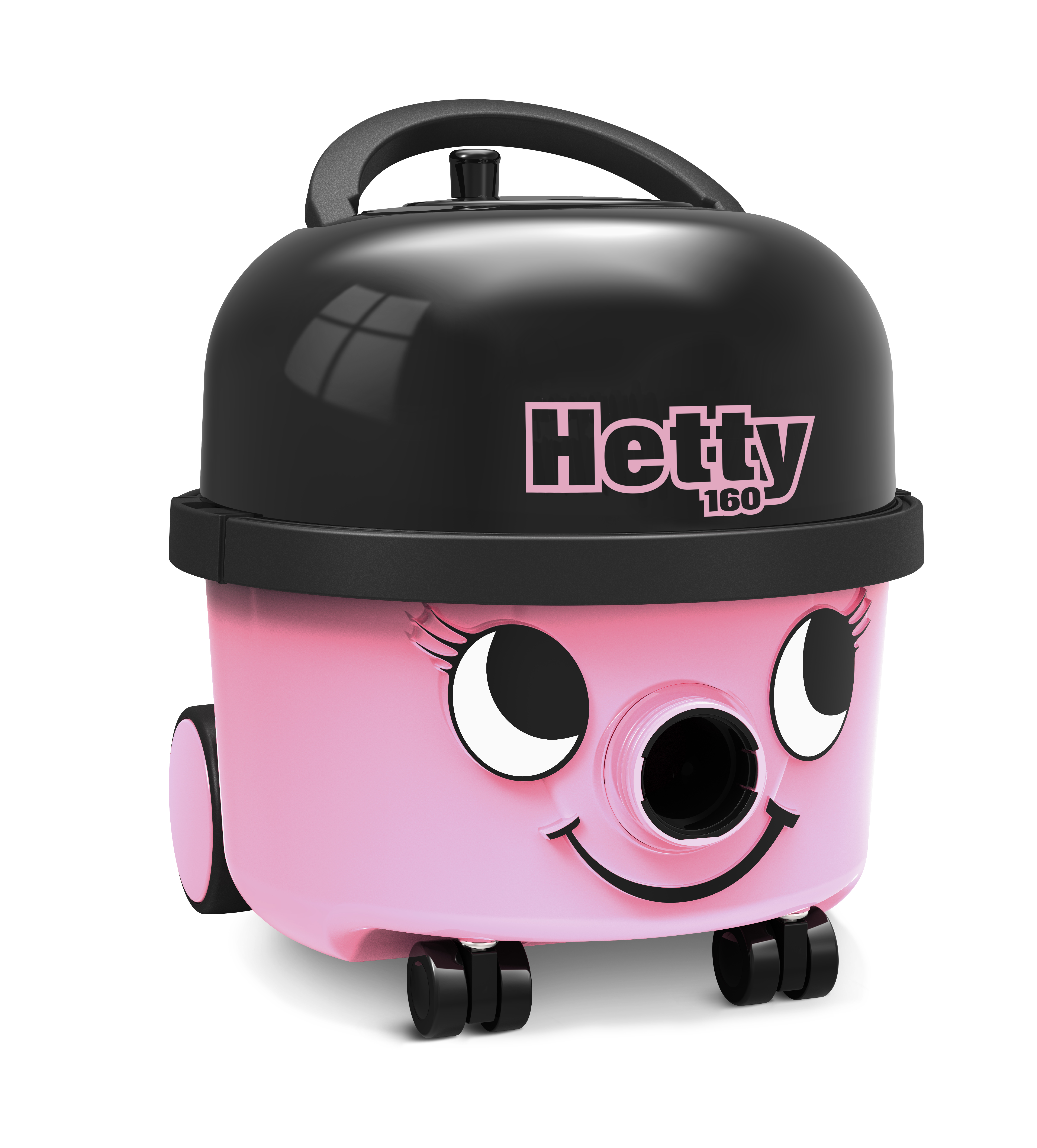 Roze Hetty stofzuiger met een zwarte bovenkant en handvat. De achtergrond is wit.