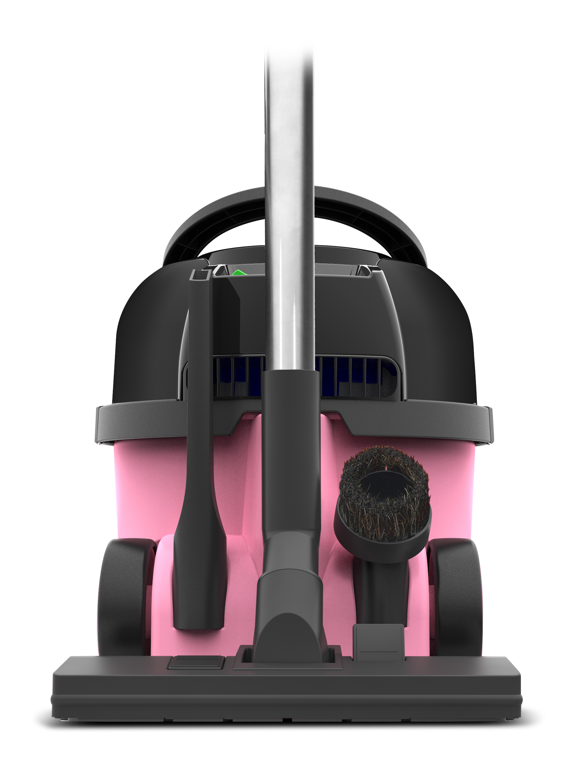 Roze en zwarte stofzuiger met opzetstukken, staand op een wit oppervlak.