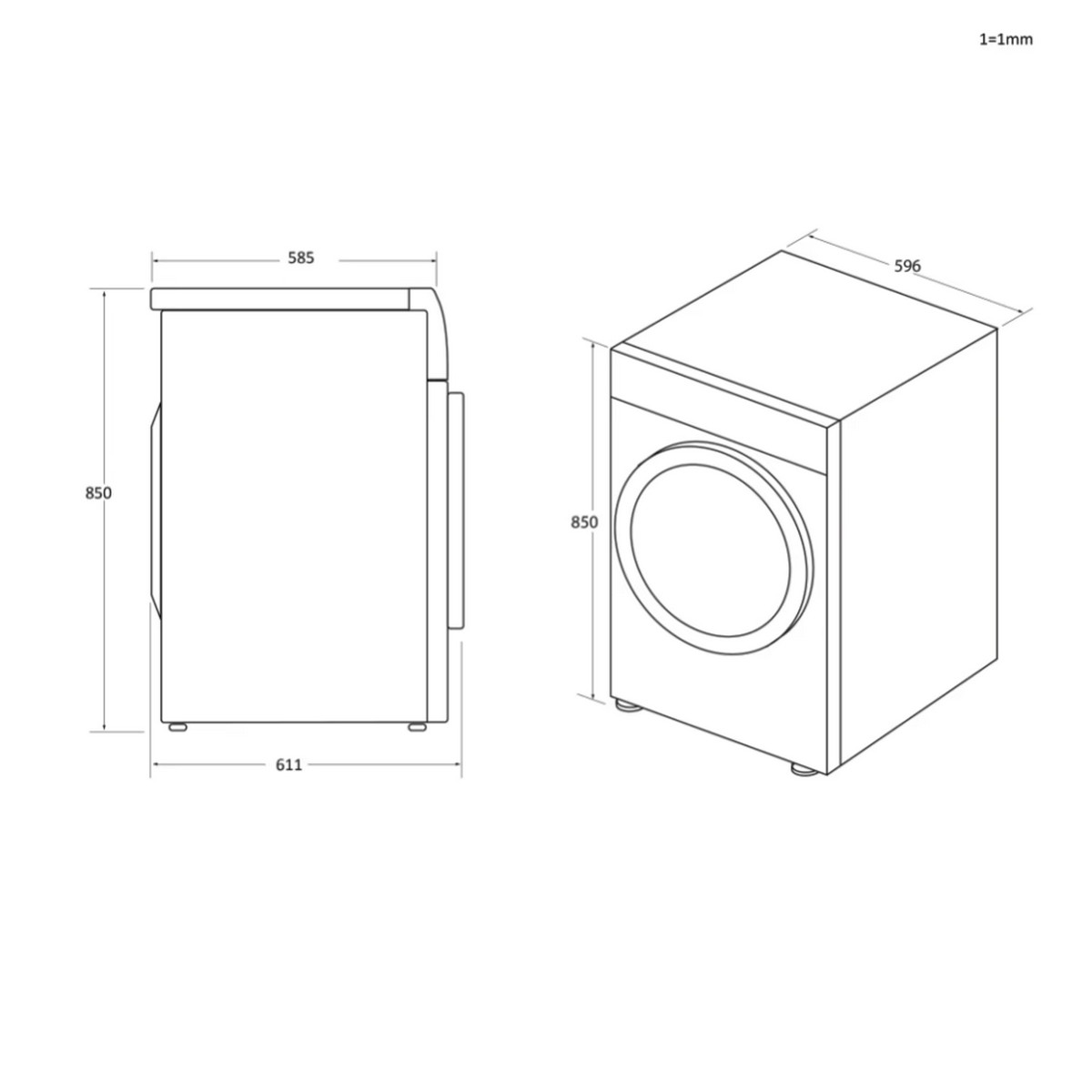 Diagramma di una lavatrice, con dimensioni: altezza 850mm, profondità 611mm e larghezza 596mm.