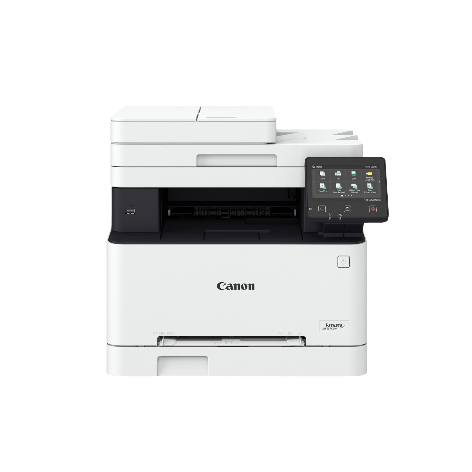 Biała drukarka Canon z panelem sterowania, czarnymi detalami i otwartą tacą na papier.