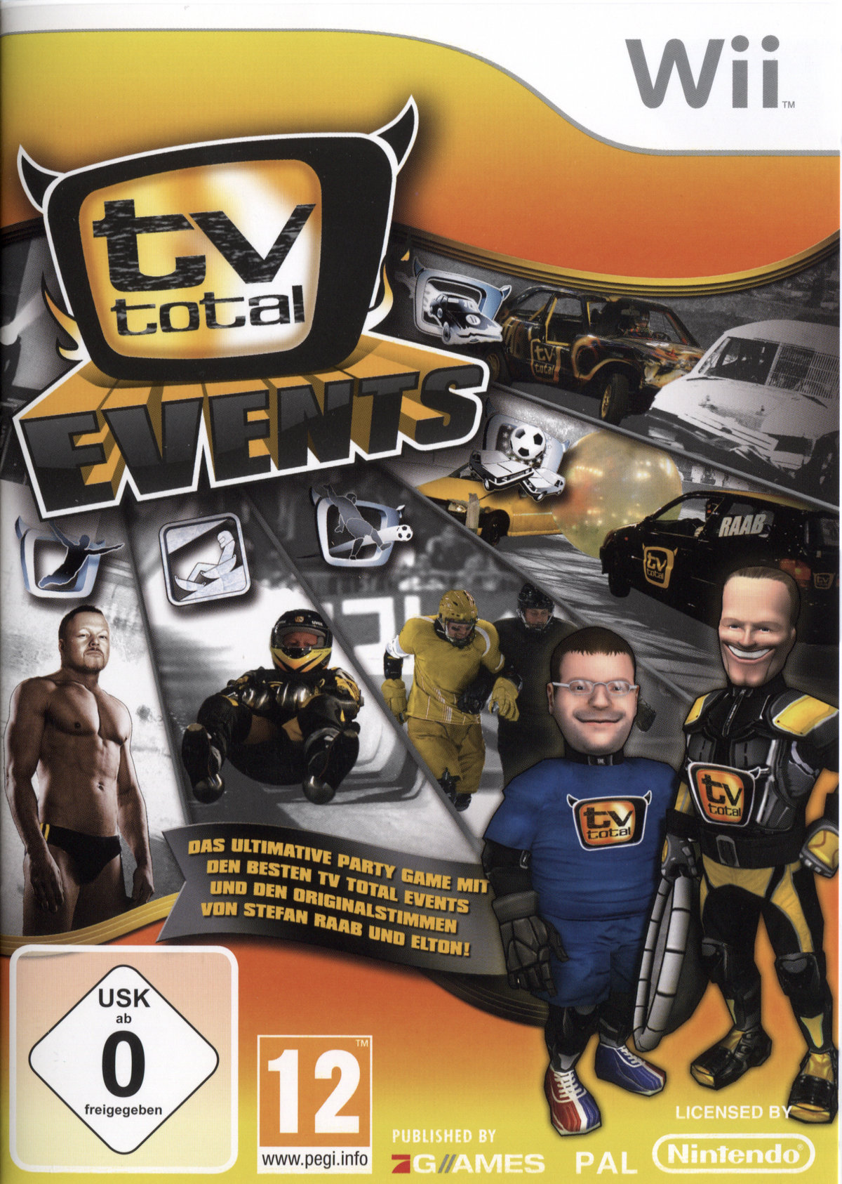 Wii-Spielcover: 'TV Total Events'. Buntes Cover mit Spielfiguren und Fahrzeugen.