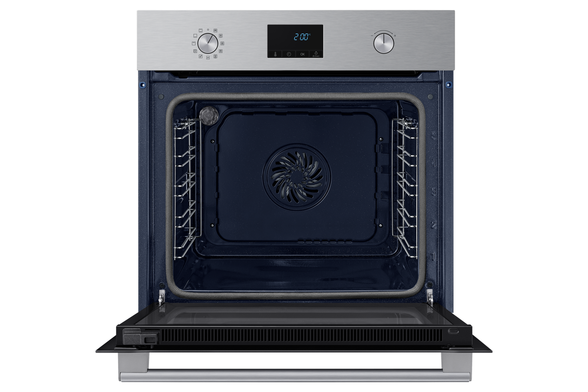 Un forno aperto con interno scuro ed esterno in acciaio inossidabile.