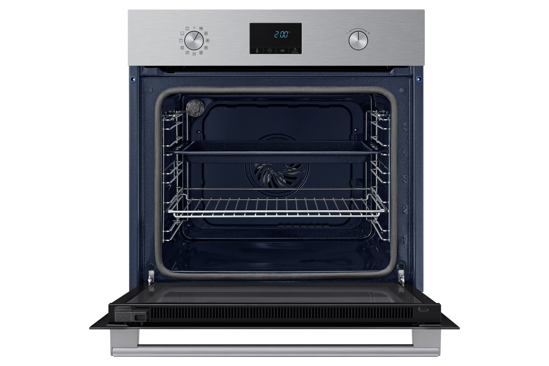 Un forno aperto con interno blu scuro. Ha un vassoio e una griglia metallica.