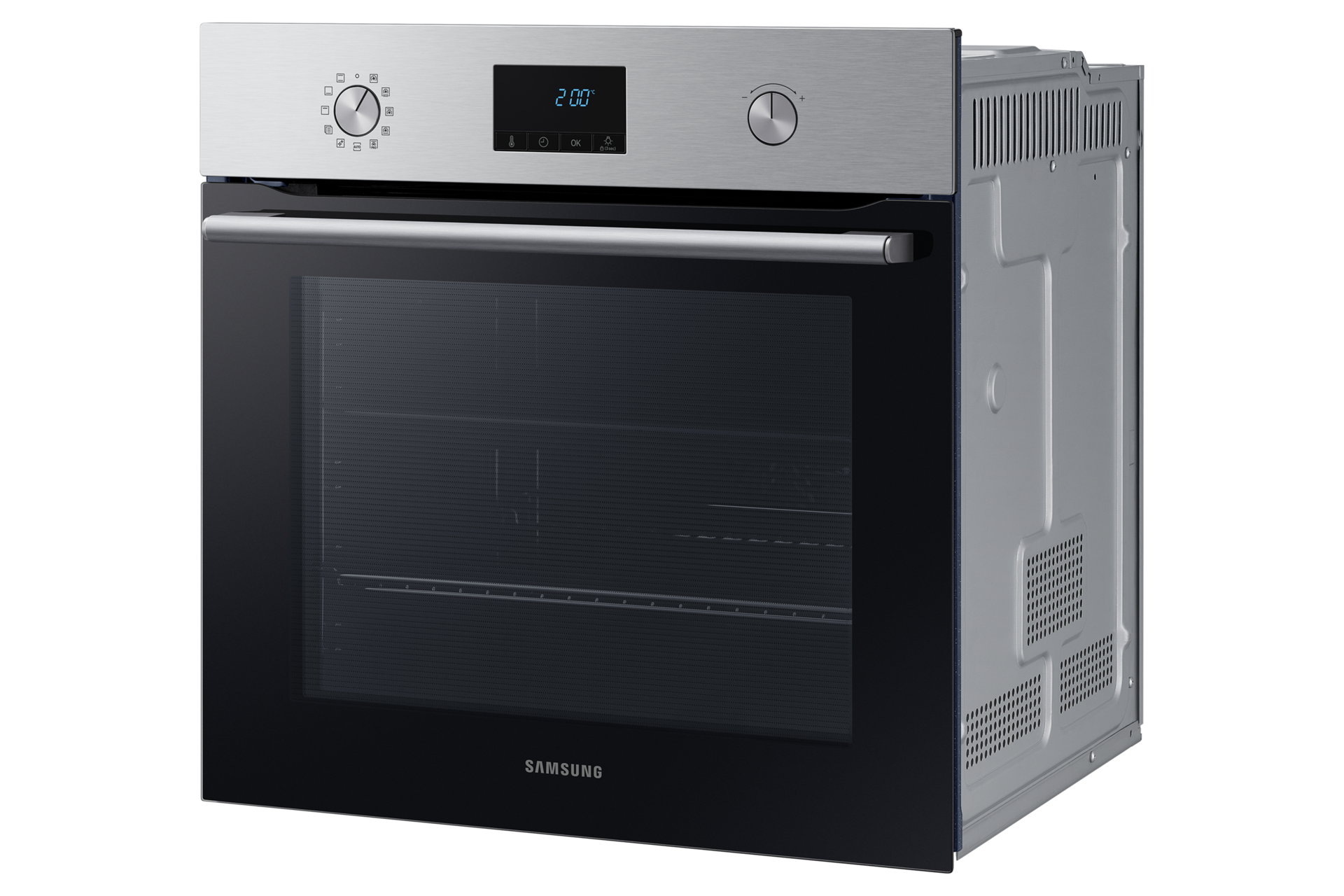 Un forno in acciaio inossidabile con porta nera e display digitale. Lo sfondo è nero.