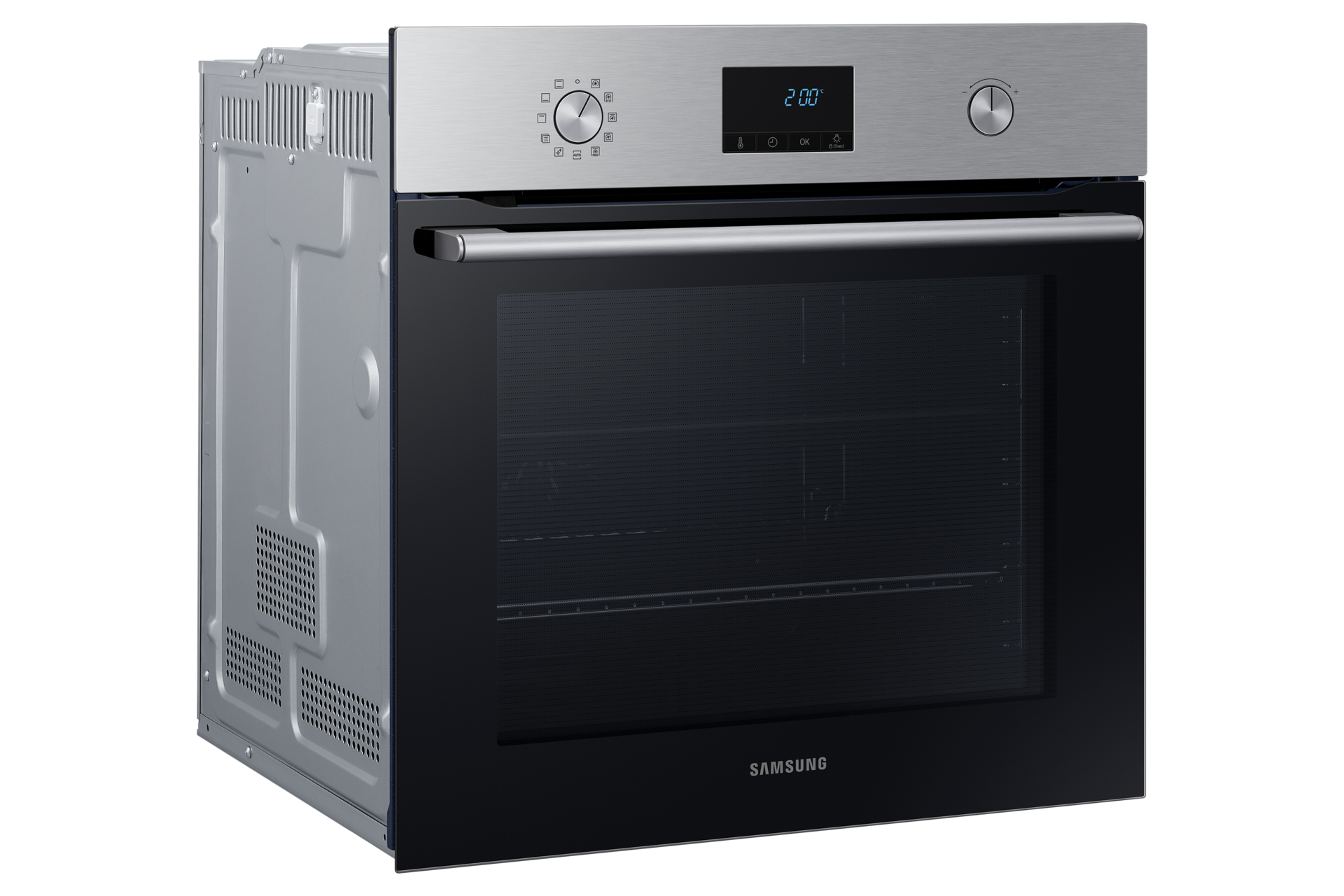 Un forno in acciaio inox con porta in vetro nero e display digitale.