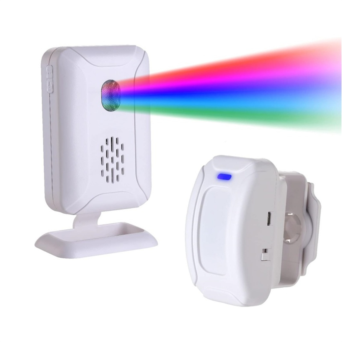 Weißes Sicherheitsgerät mit farbigem Lichtstrahl, ein weiteres Gerät rechts, weißer Hintergrund.