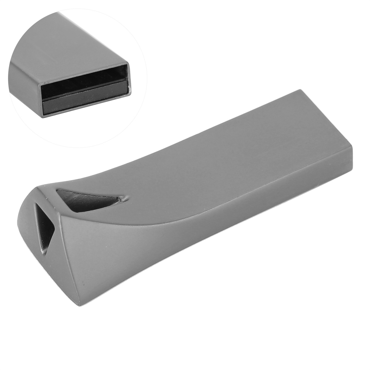 Grauer USB-Stick mit geschwungenem Design und kleinem, eingelassenem Abschnitt. Weißer Hintergrund.