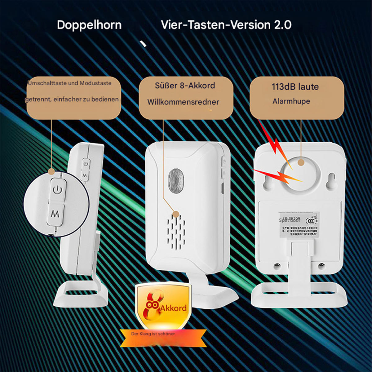 Weißes elektronisches Gerät mit Knöpfen und Text. Drei Diagramme mit Text werden gezeigt.