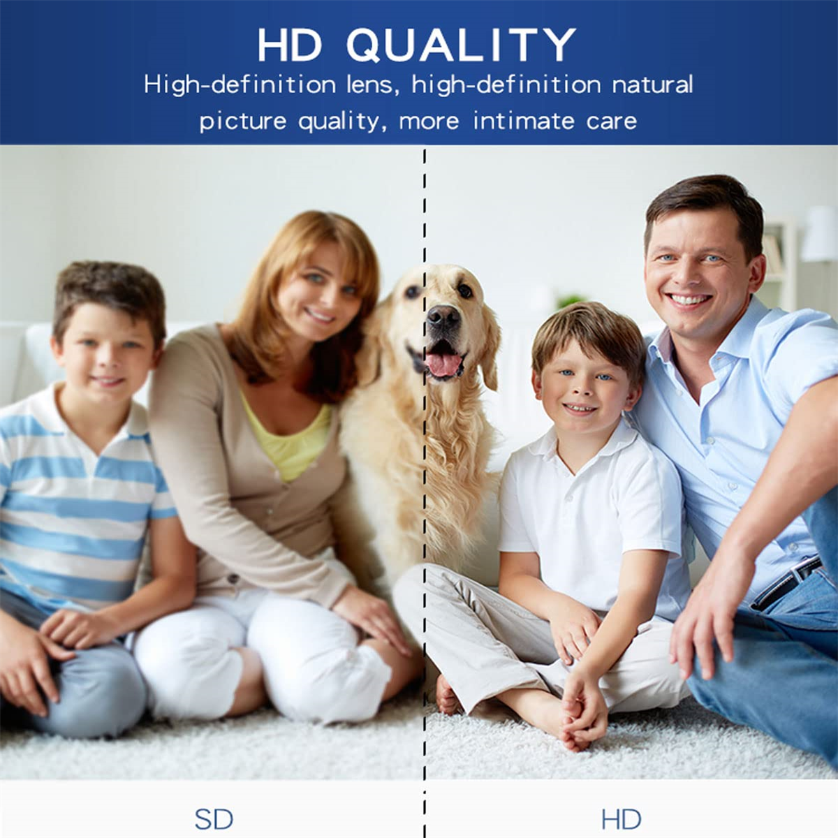 Eine Familie mit einem Hund sitzt auf einem Teppich. Das Bild vergleicht eine Standard- und eine hochauflösende Bildqualität.