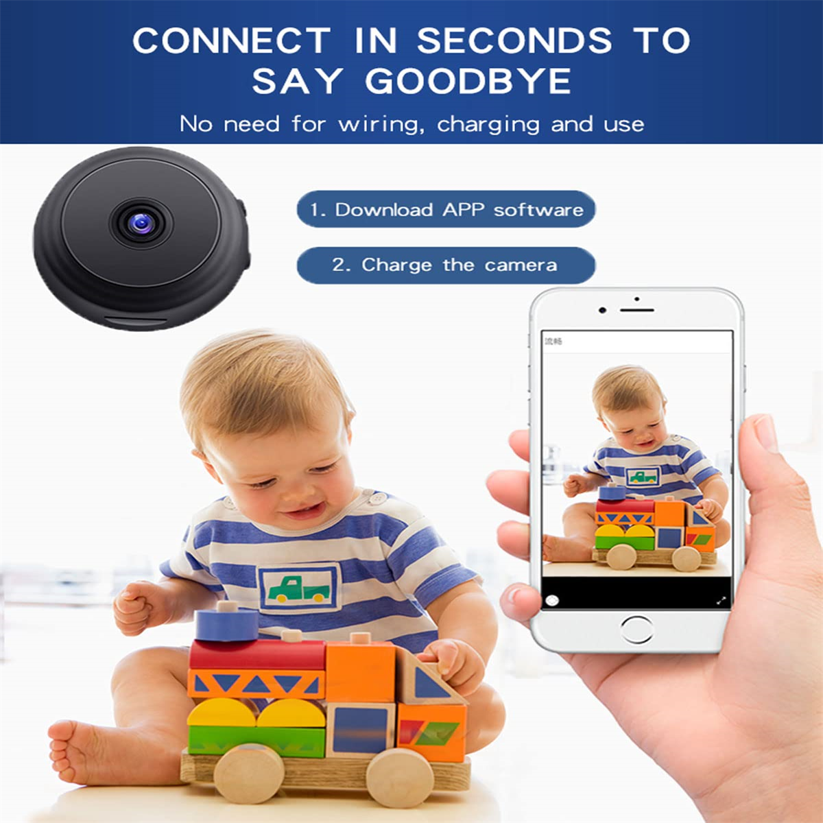 Baby mit Spielzeug, zeigt Live-Video auf dem Telefon und eine Überwachungskamera.