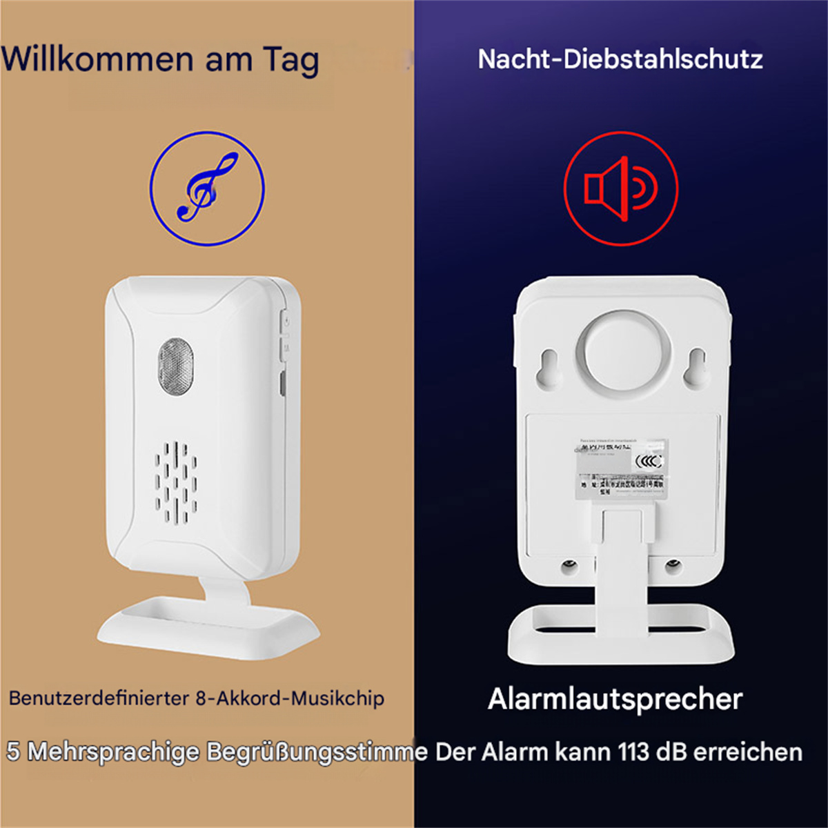 Ein Gerät mit zwei Seiten: eine für den Tag und eine für den Nachtalarm, mit Symbolen.