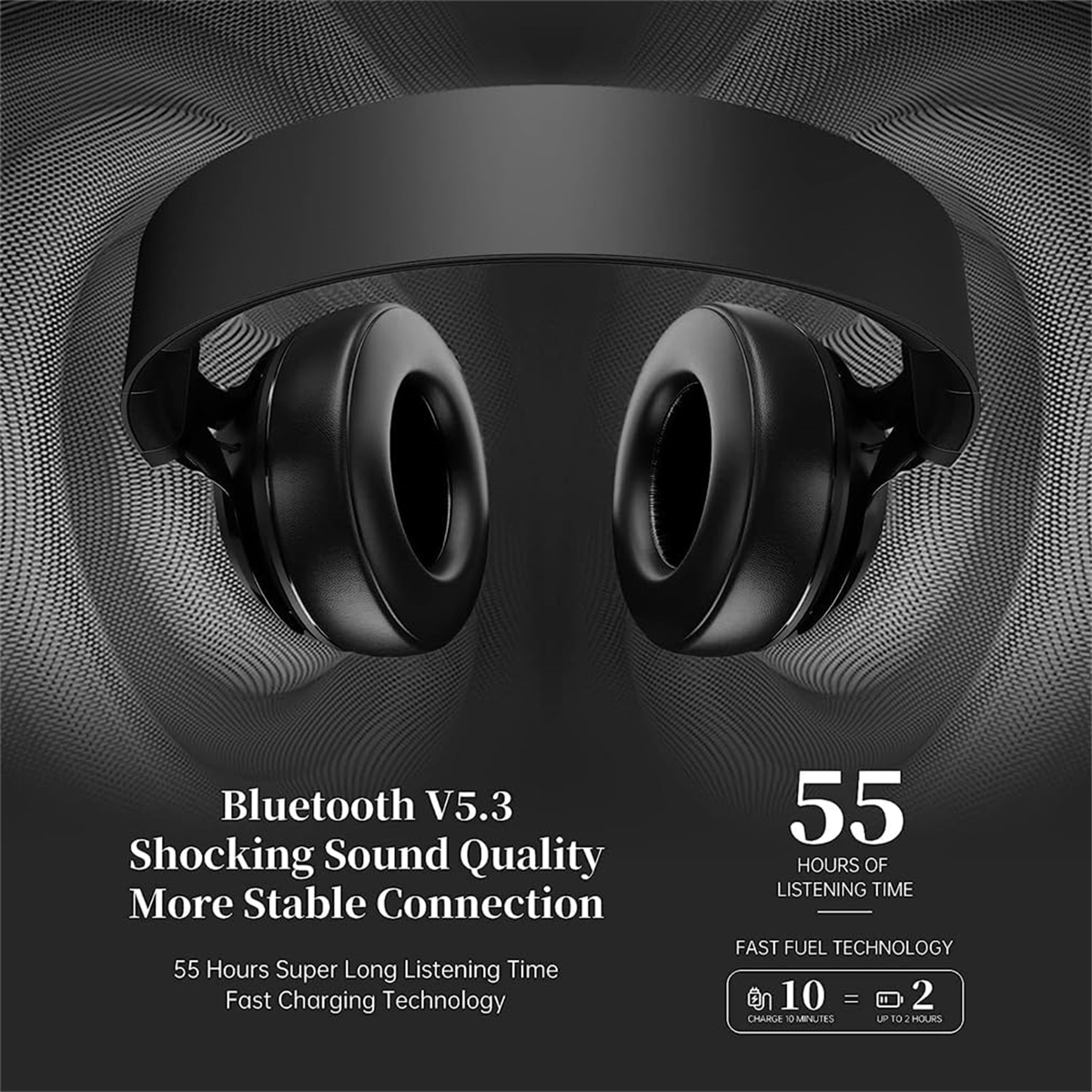 Schwarze Kopfhörer mit Ohrmuscheln. Text sagt Bluetooth V5.3 und 55 Stunden Hörzeit.
