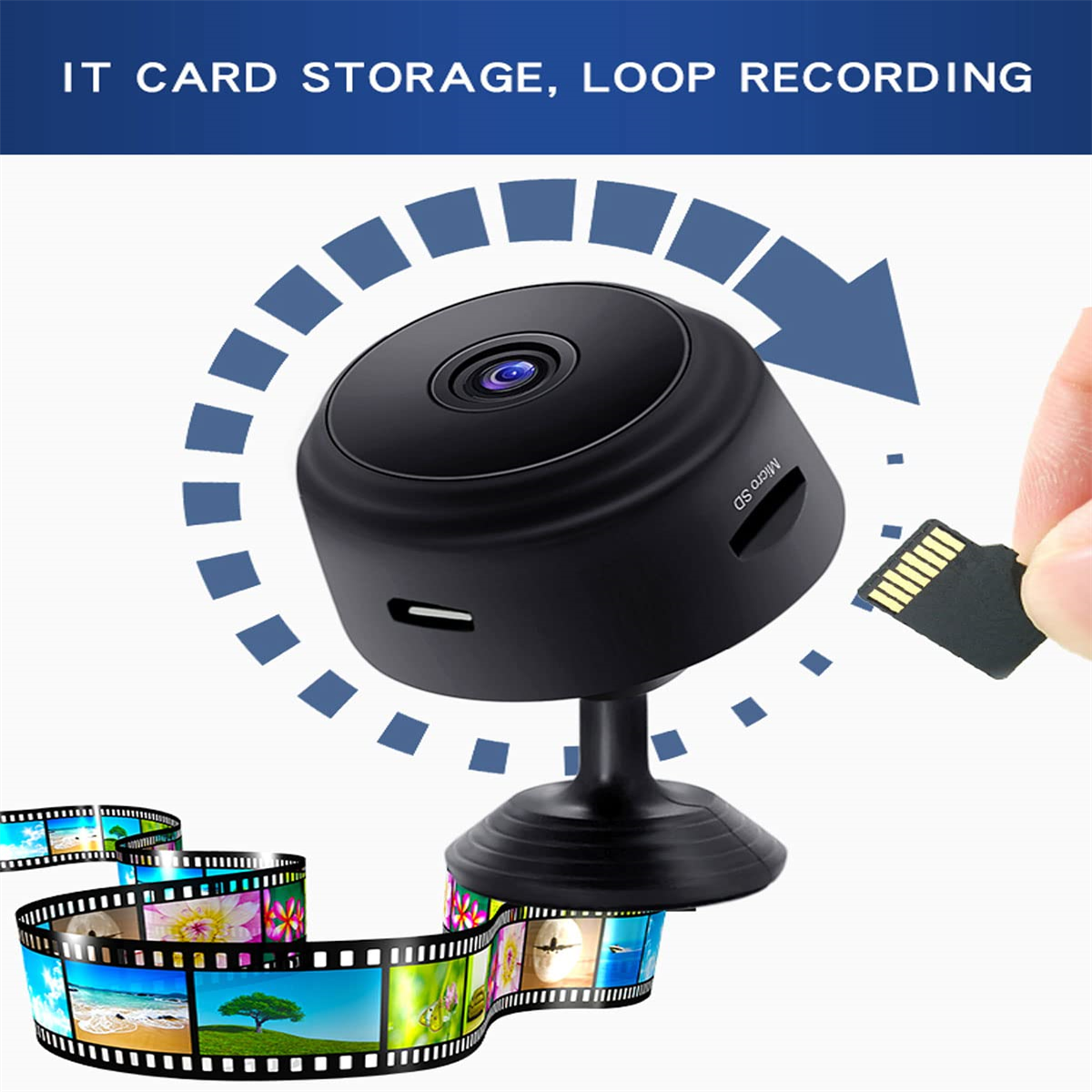 Kleine schwarze Überwachungskamera mit eingelegter Micro-SD-Karte. Umgeben von Filmstreifen.