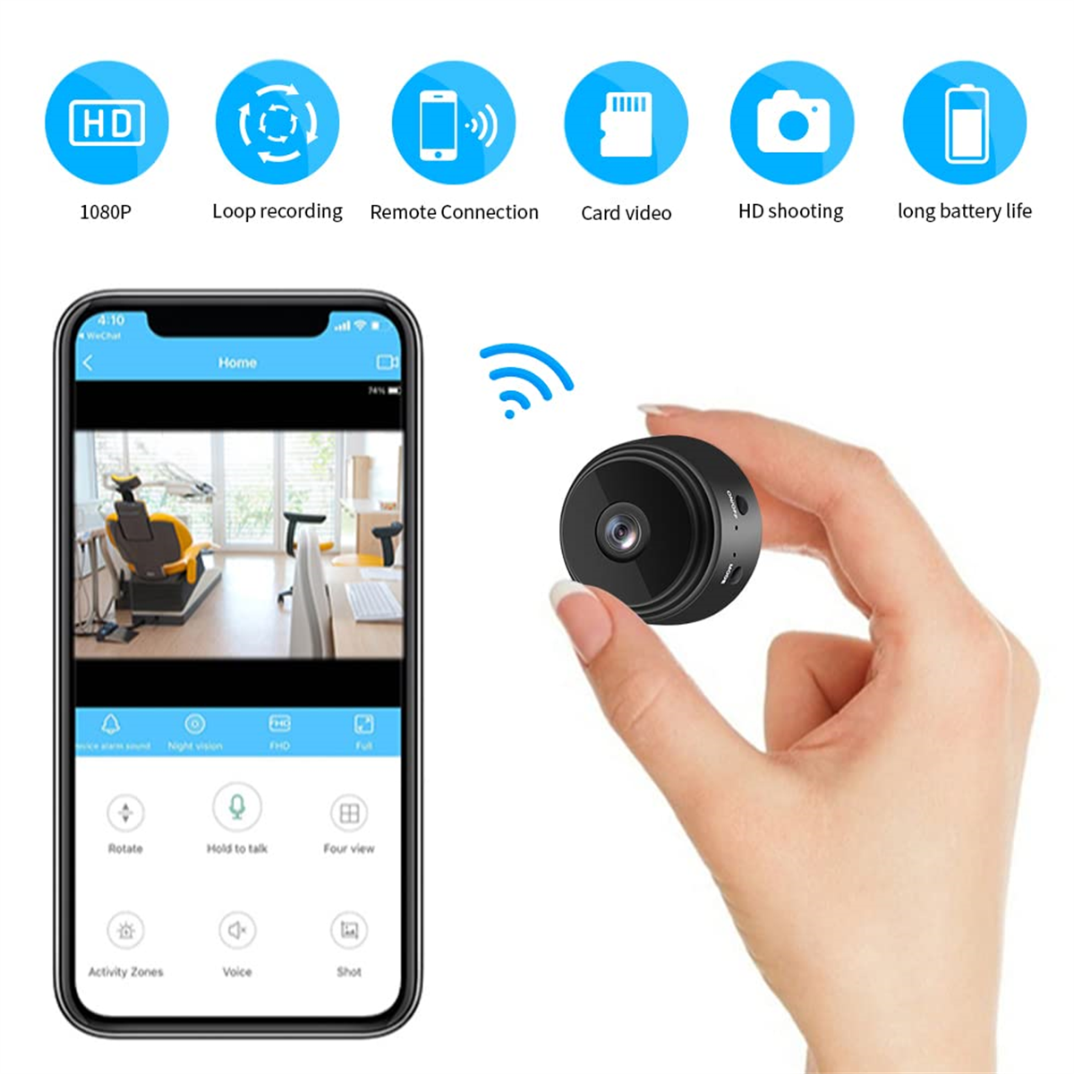 Mini-Spionagekamera in der Hand, mit Telefon, das Einstellungen und Symbole zeigt.