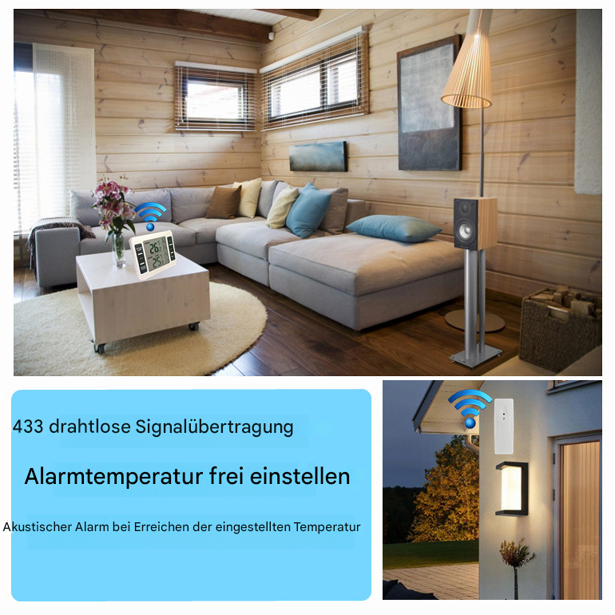 Wohnzimmerszene. Couch, Couchtisch und ein Lautsprecher. Textfelder mit Informationen zum Produkt.