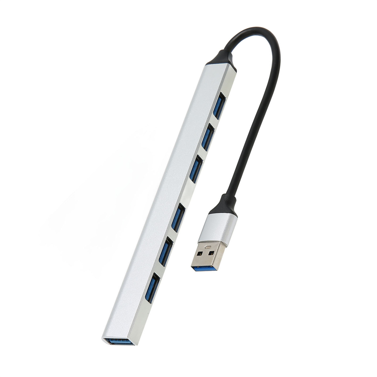 Silberner USB-Hub mit mehreren blauen USB-Anschlüssen und einem schwarzen Kabel.