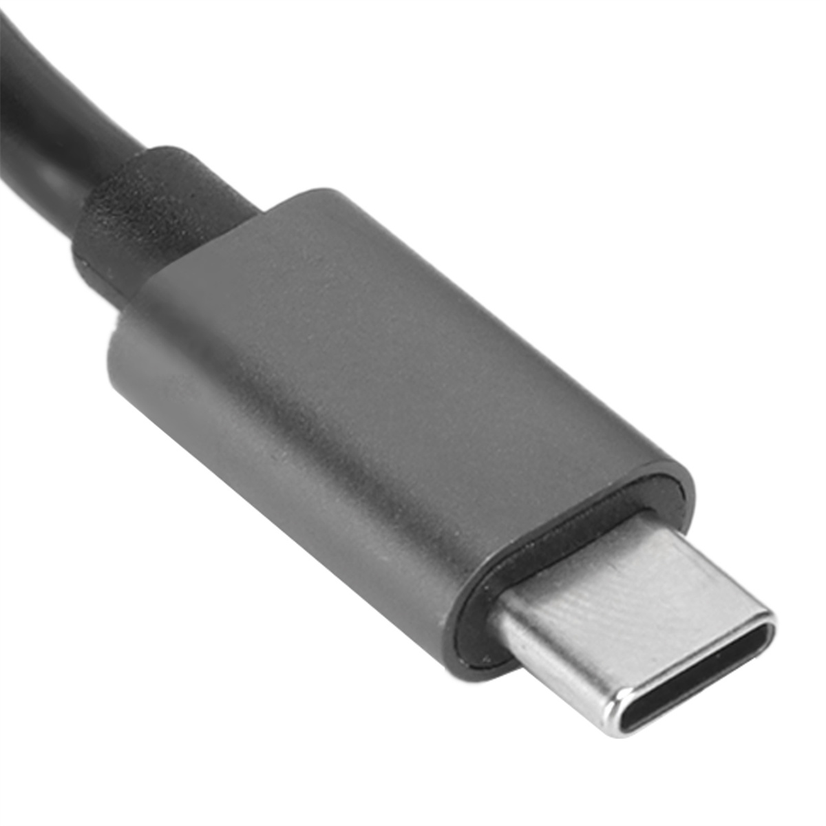 Ein USB-C-Anschluss mit dunkelgrauem Gehäuse, der an einem schwarzen Kabel befestigt ist.