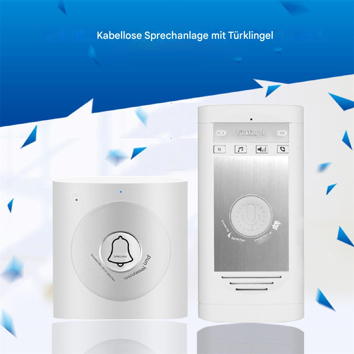 Weißes Türklingel-Set mit Empfänger und Sender. Blaue Dreiecksformen sind im Hintergrund.