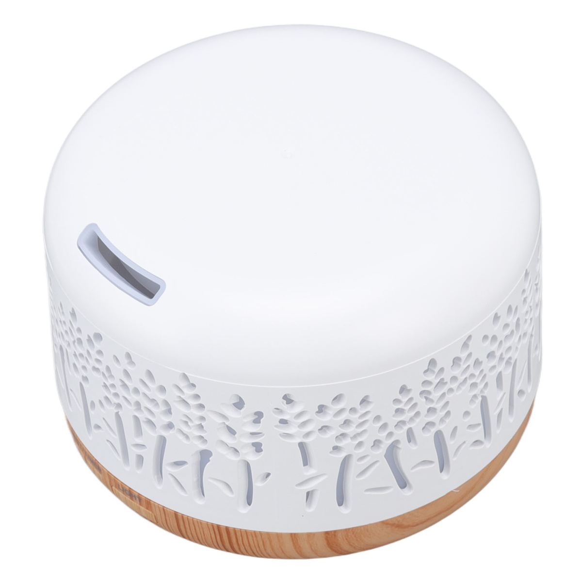 Weißer Diffusor mit Holzsockel, mit gemustertem Design an den Seiten.