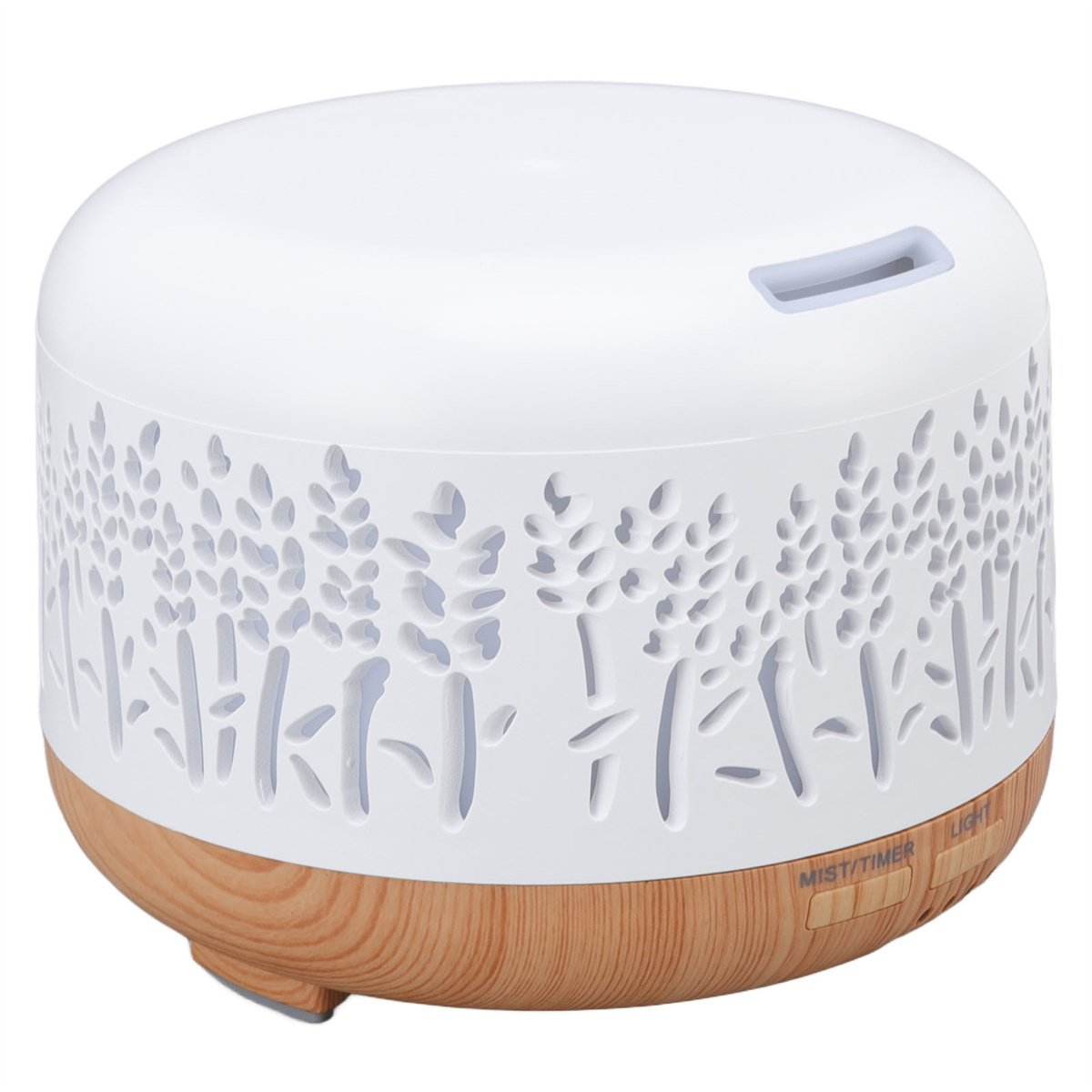 Ein weißer und holzfarbener Diffusor für ätherische Öle mit einem ausgeschnittenen Baumdesign.