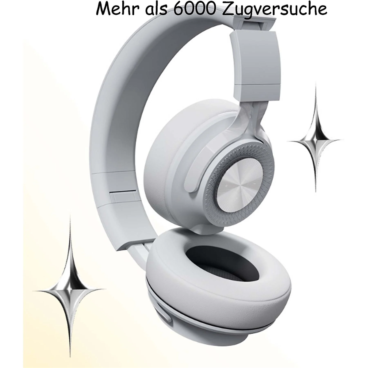 Weiße Kopfhörer mit geschwungenem Design und sternförmigen Glitzer auf weißem Grund.