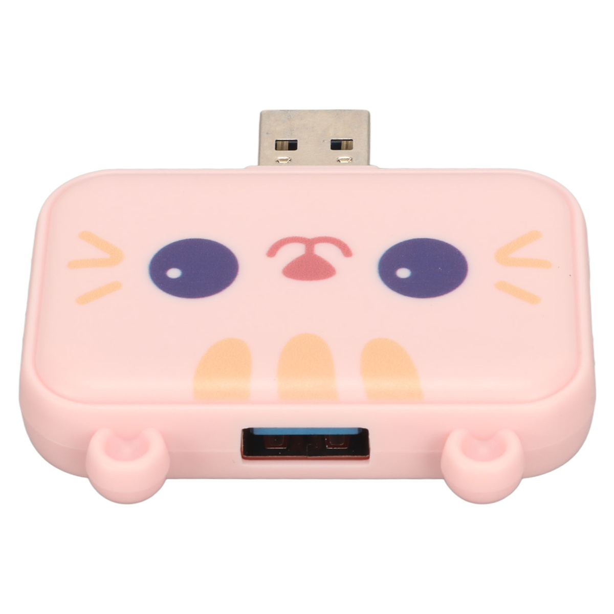 Ein pinkfarbener USB-Hub in Form eines Katzenkopfes mit USB-Anschlüssen unten.