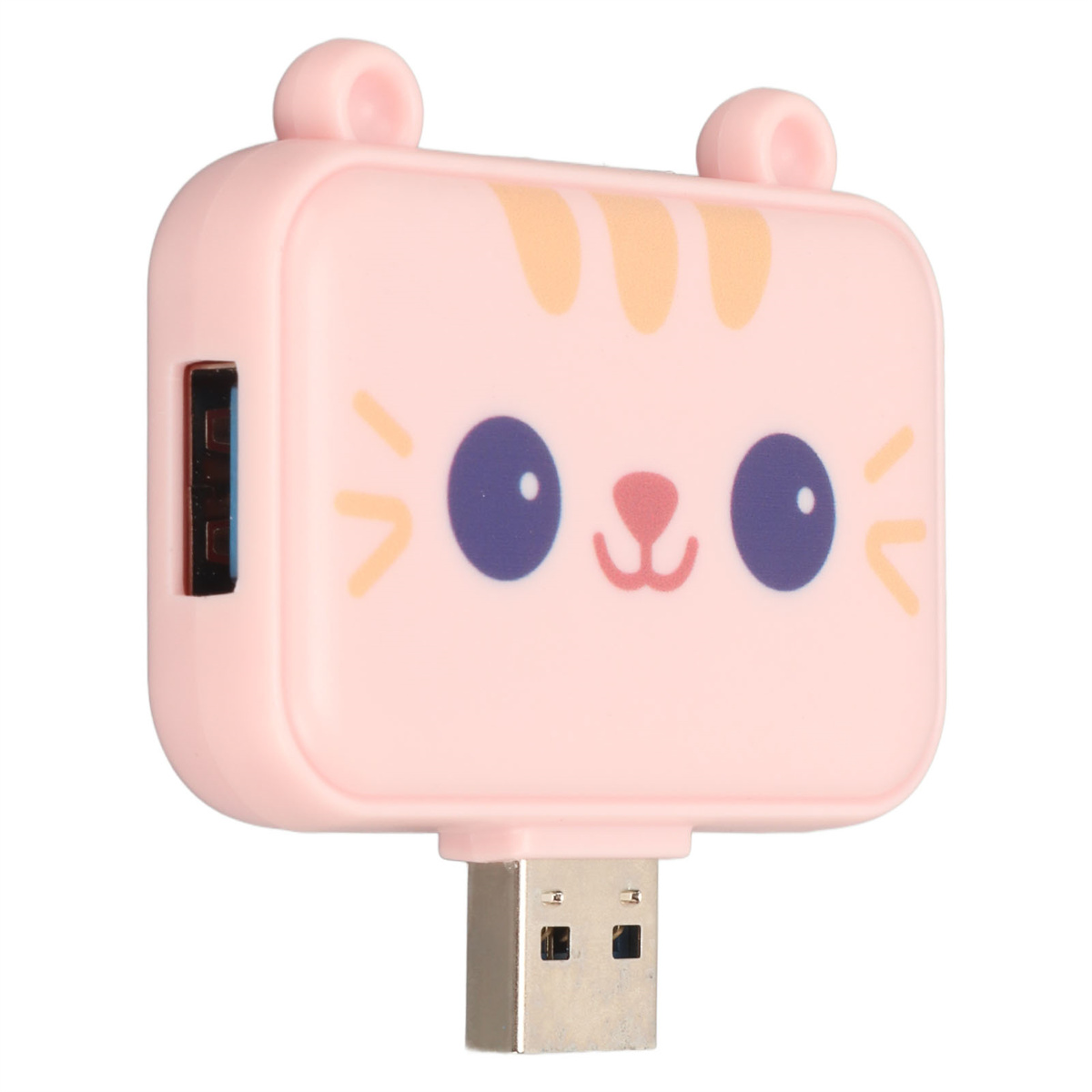 Rosa USB-Hub in Form eines Katzen-Gesichts. Es hat einen USB-Anschluss und zwei kleine Ohren.