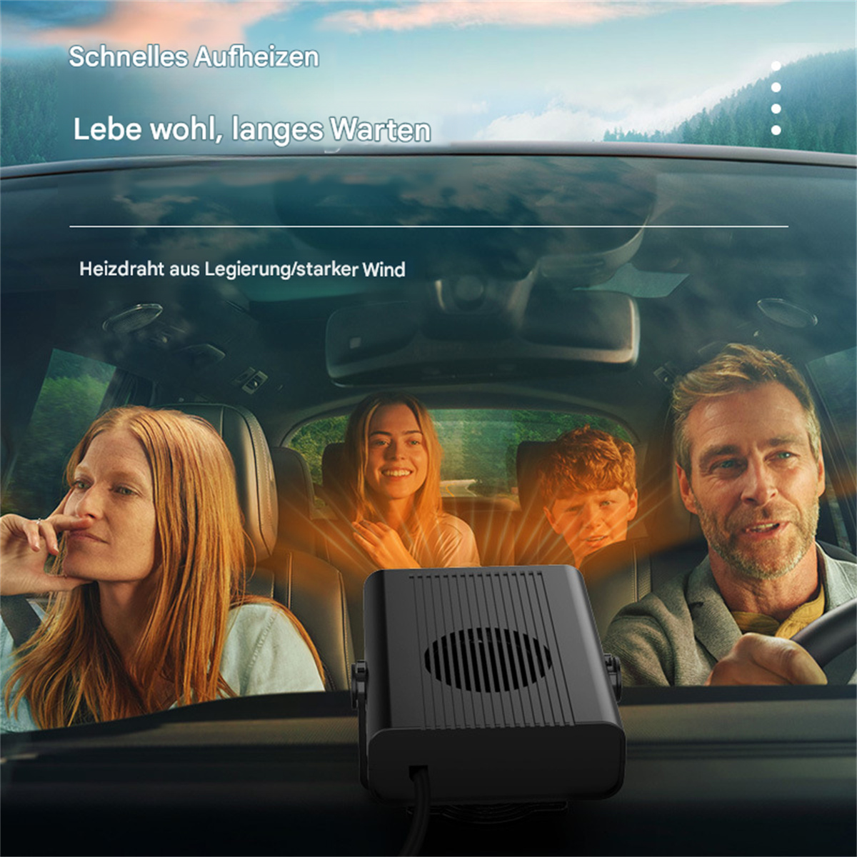 Autointerieur mit vier Personen, Heizung und Text über schnelles Aufheizen.